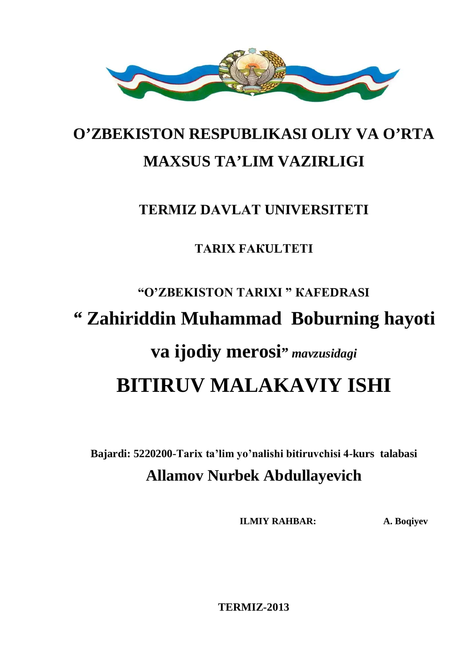 Zahiriddin Muhammad Boburning hayoti va ijodiy merosi