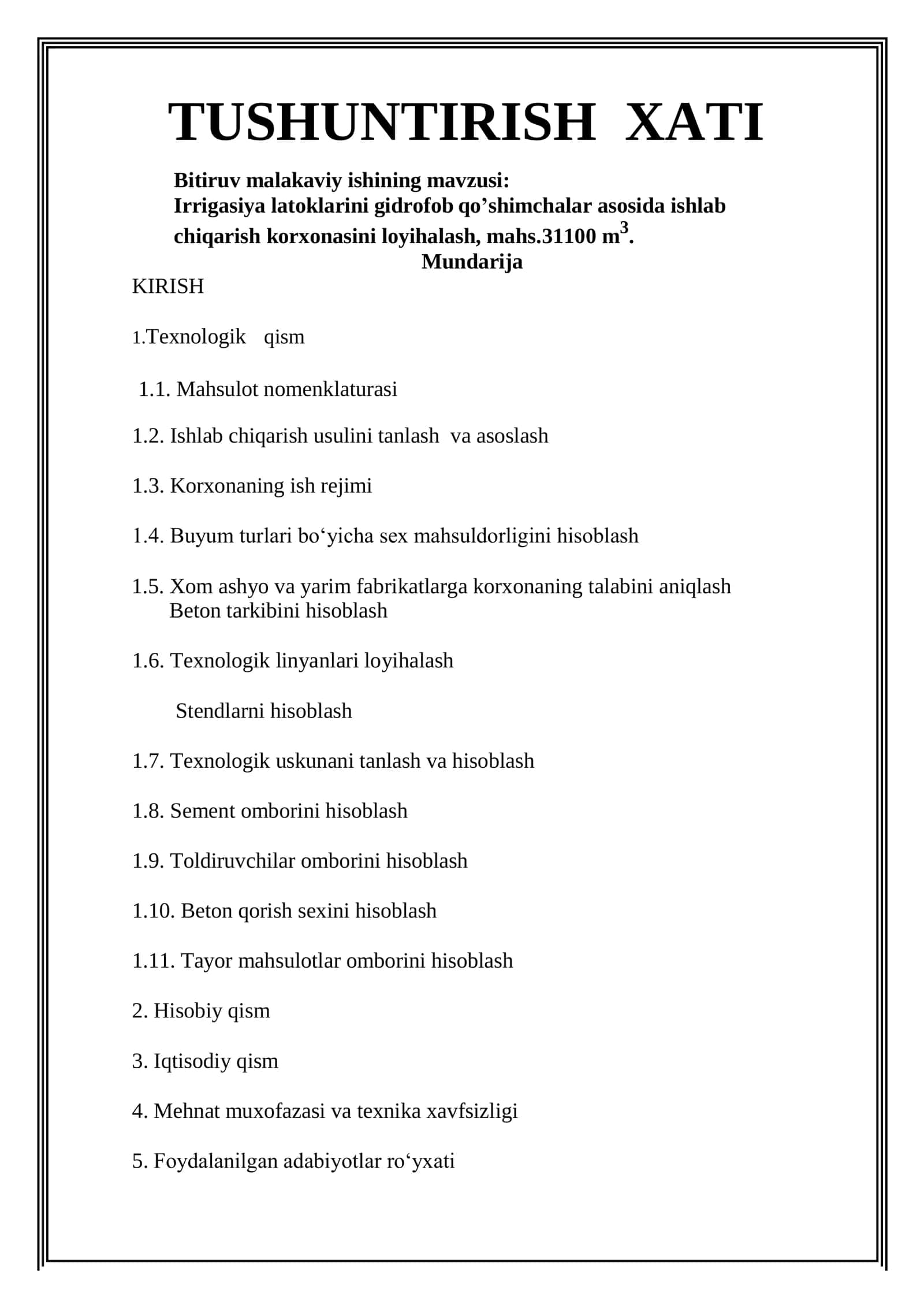 Irrigatsiya latoklarini gidrofob qo’shimchalar asosida ishlab chiqarish korxonasini loyihalash