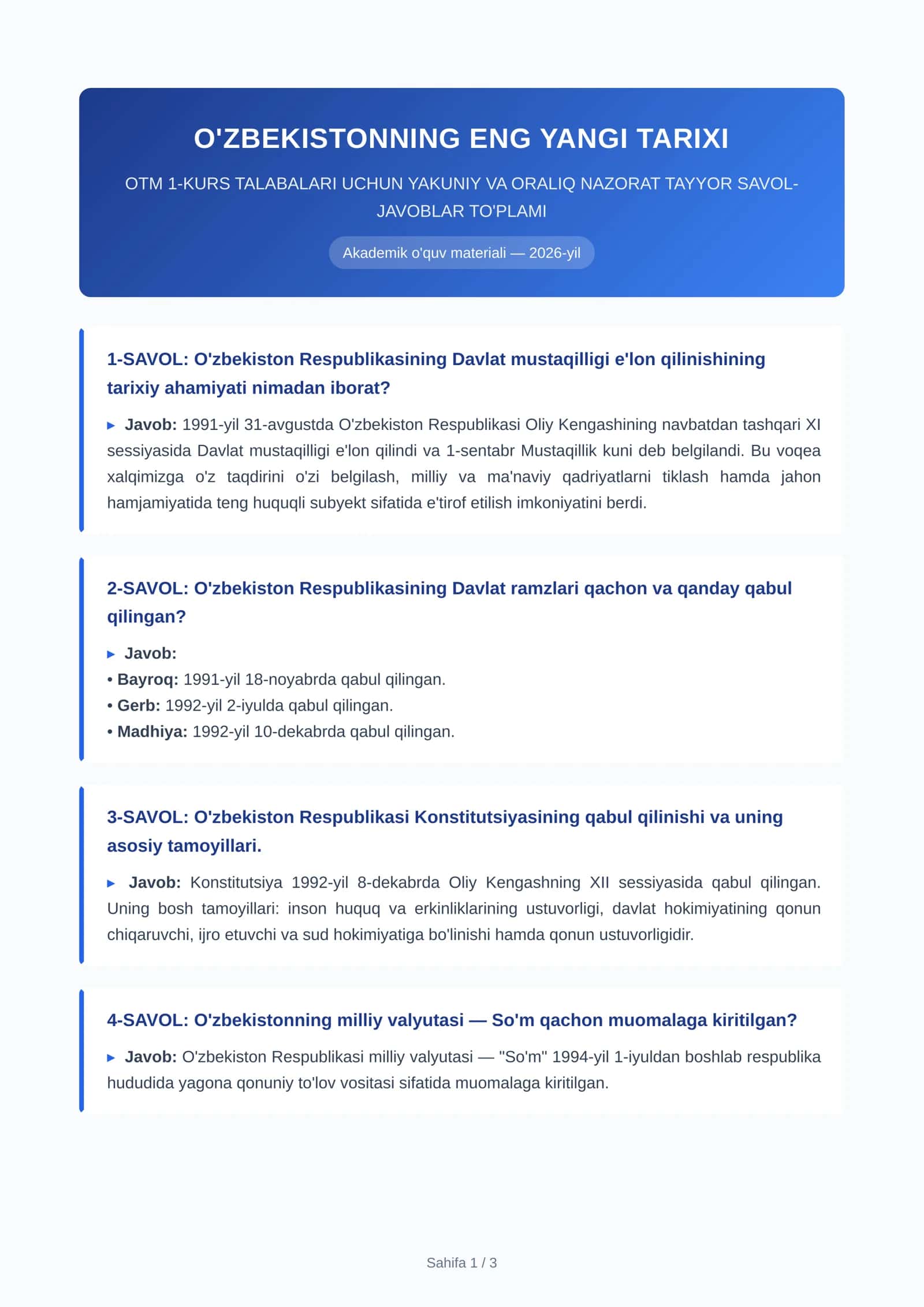 OTM 1-ku O'zbekistonning eng yangi tarixi fanidan YN va ON tayyor savol-javoblar to'plami (PDF