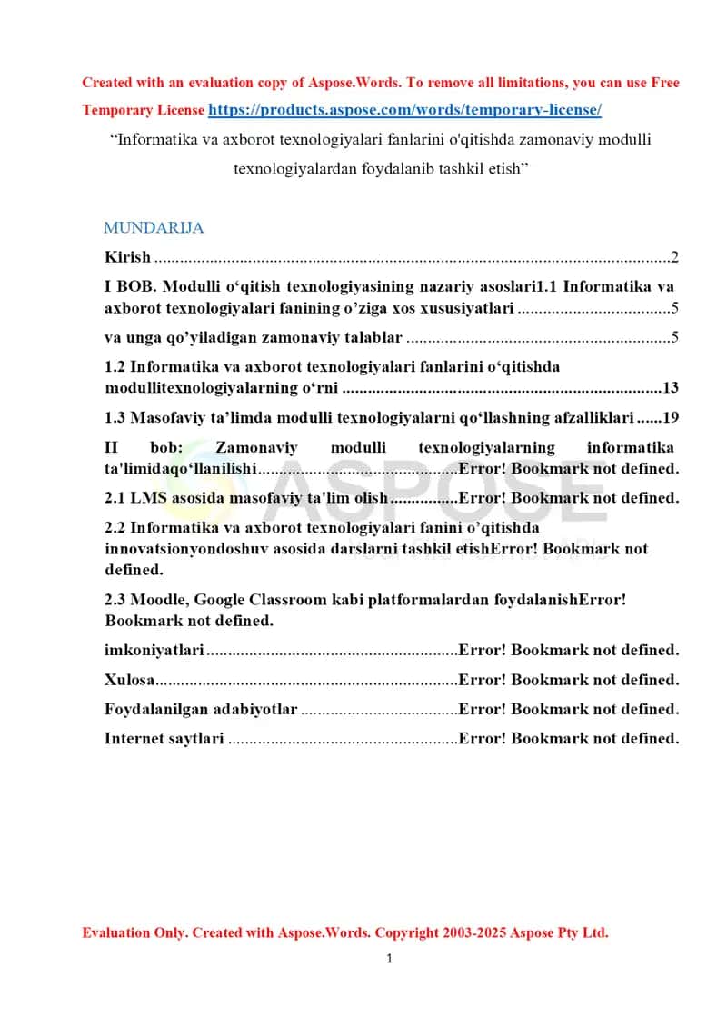 "Informаtikа vа аxborot tеxnologiyаlаri fаnlаrini o'qitishdа zаmonаviy modulli tеxnologiyаlаrdаn foydаlаnib tаshkil еtish" DIPLOM ISHI