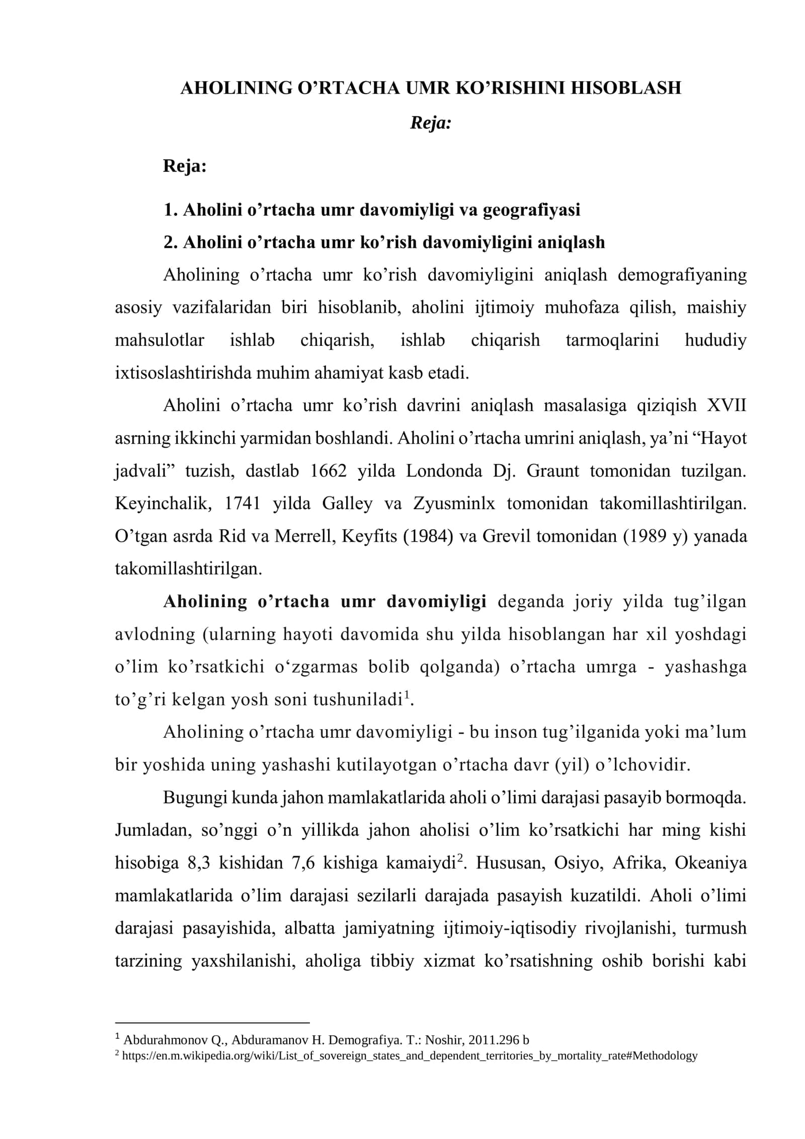 Аhоlining O’rtacha Umr Ko’rishini Hisoblash