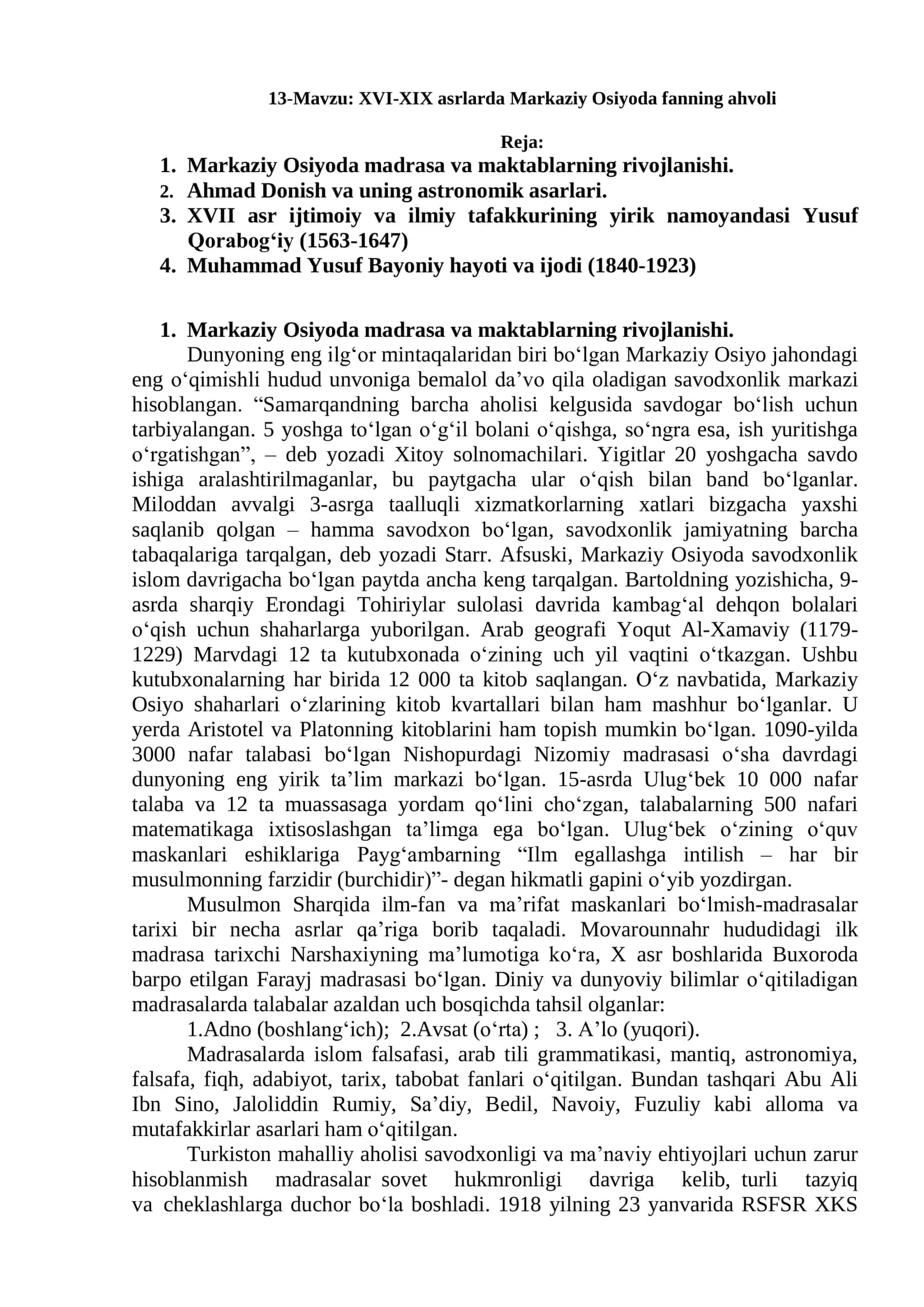 XVI-XIX asrlarda Markaziy Osiyoda fanning ahvoli