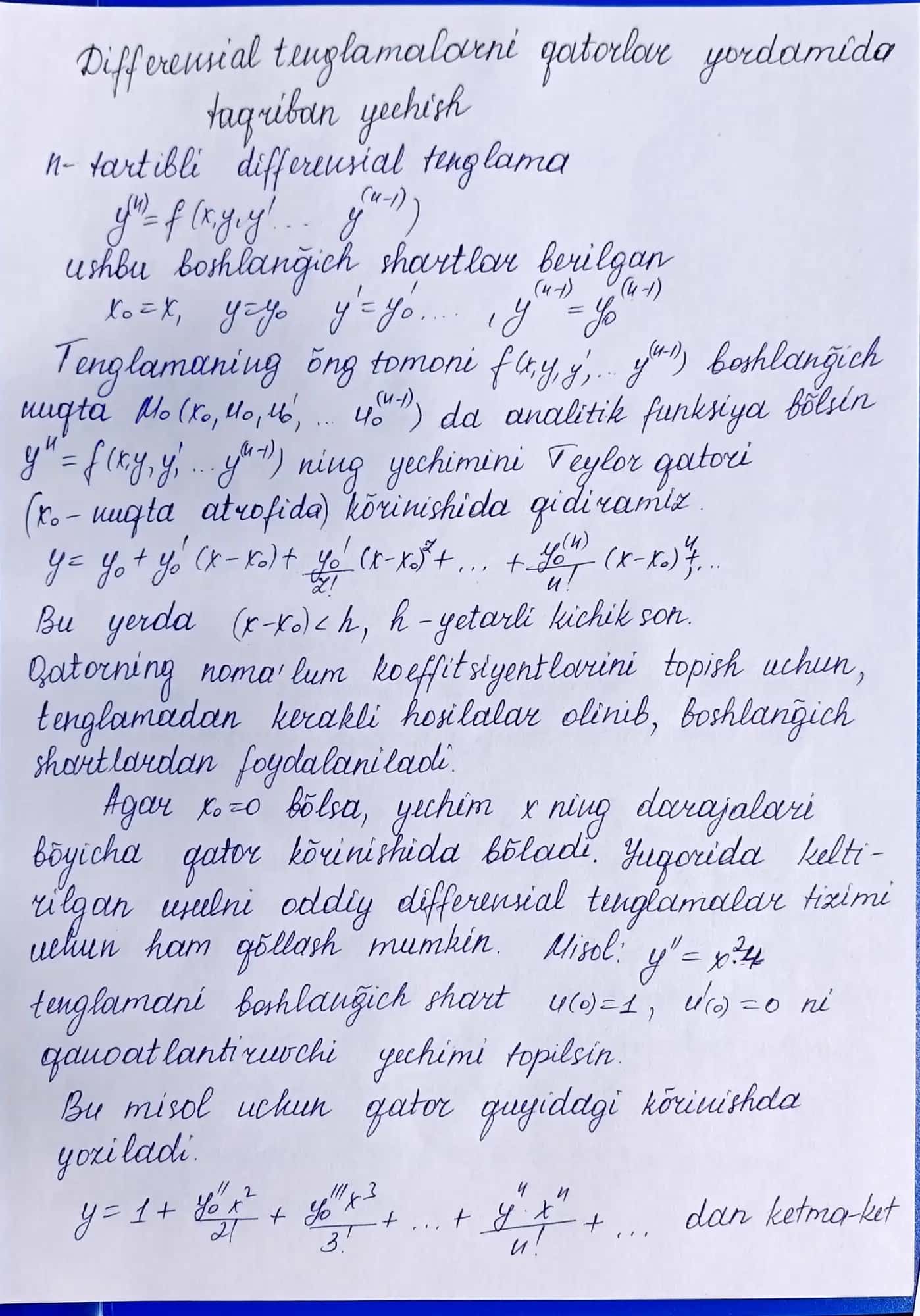 Differensial tenglamalarni qatorlar yordamida taqriban yechish