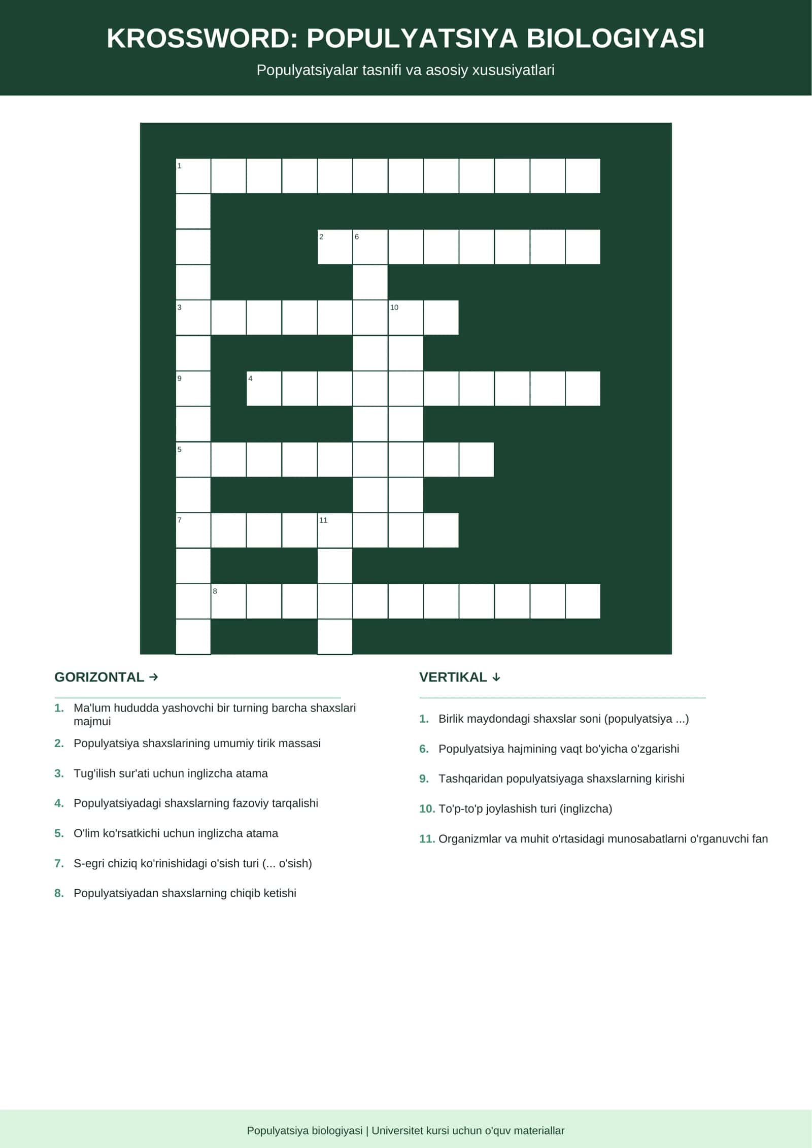 KROSSWORD: POPULYATSIYA BIOLOGIYASI