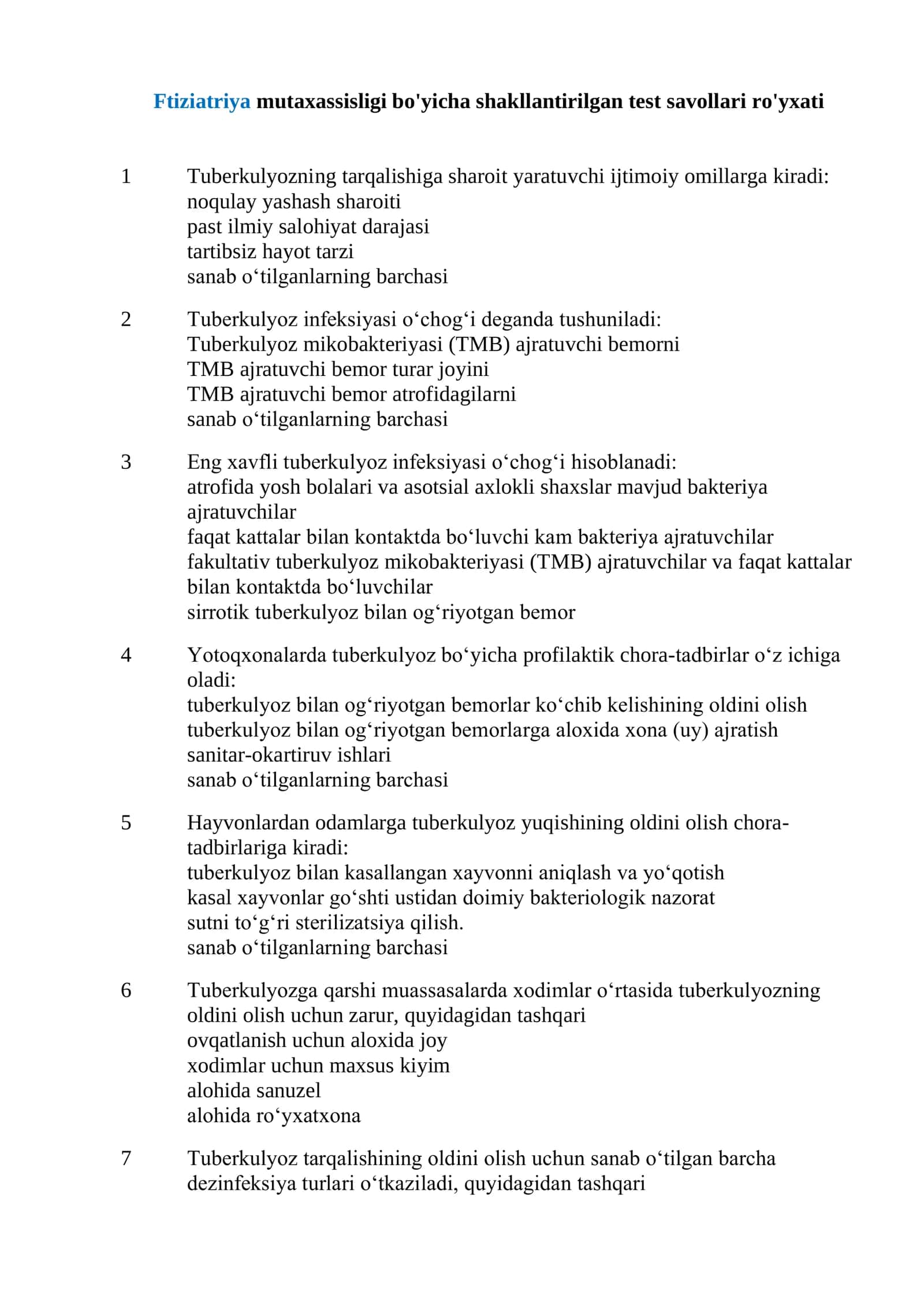 Ftiziatriya mutaxassisligi bo'yicha shakllantirilgan test savollari ro'yxati 2026