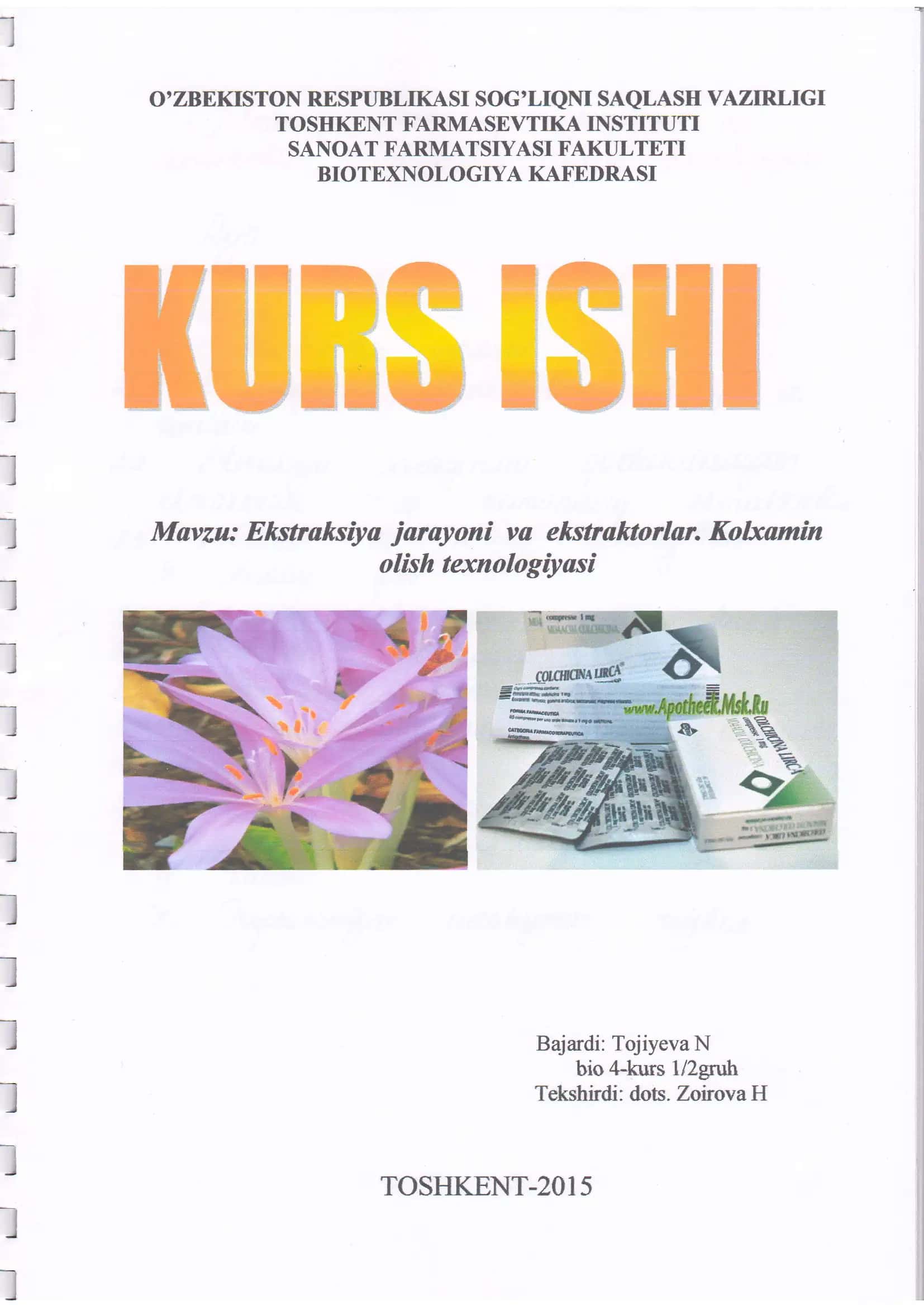 Ehstraksiya jarayoni vu ekstrahtorlan Kolxamin olish texnologiyasi