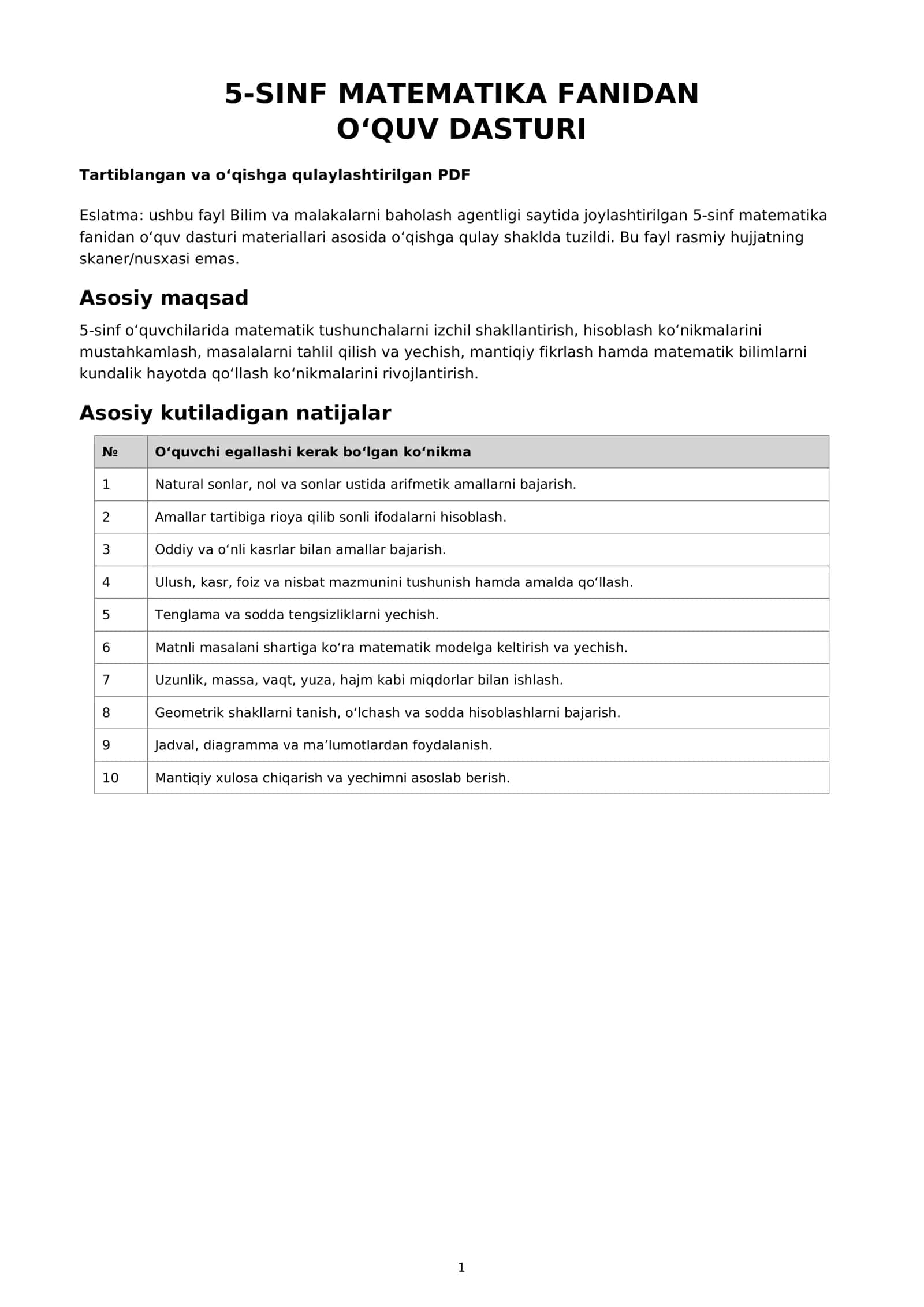 5-SINF MATEMATIKA FANIDAN O‘QUV DASTURI