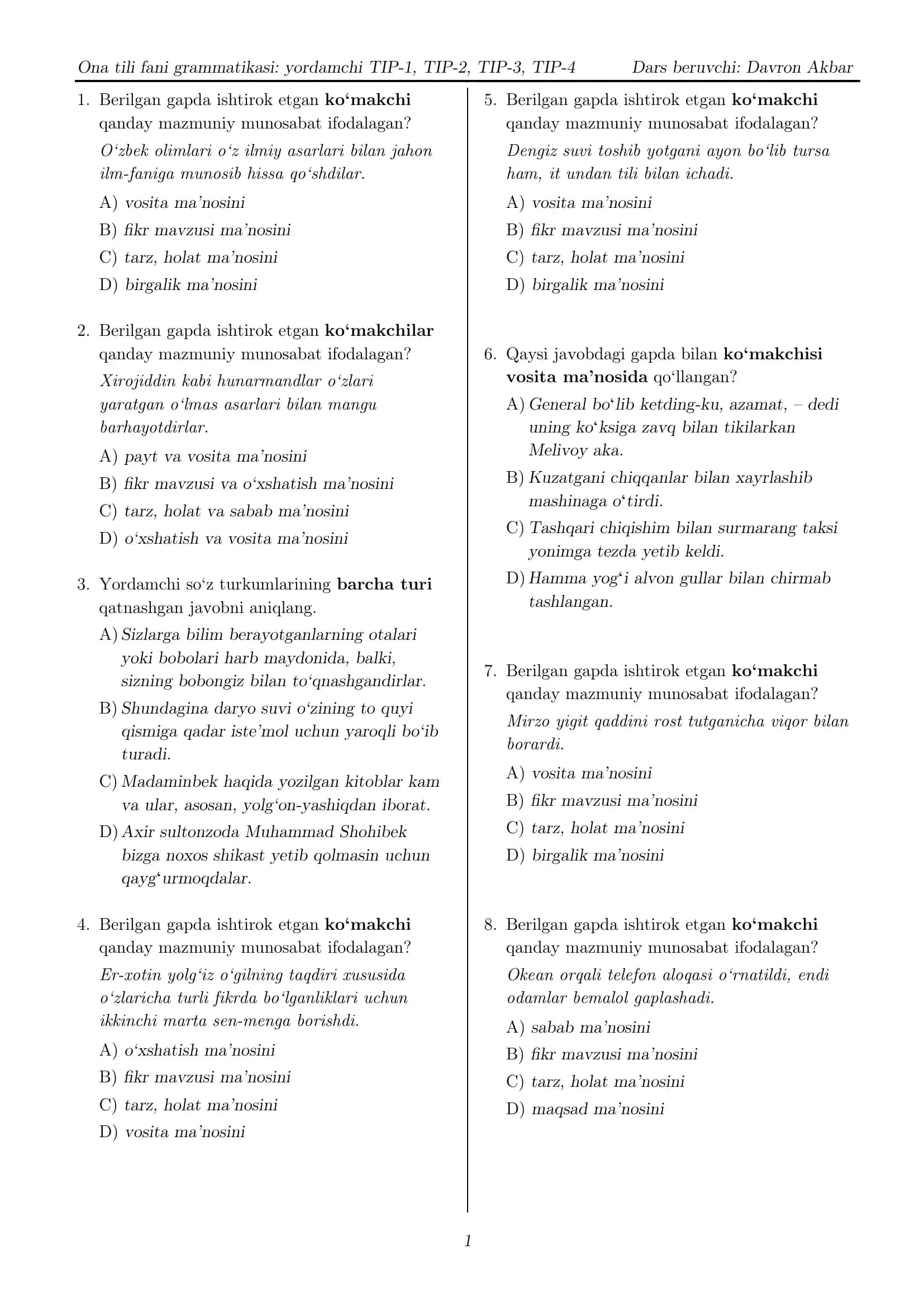Ona tili fani grammatikasi - Avgust imtihoni yordamchilar