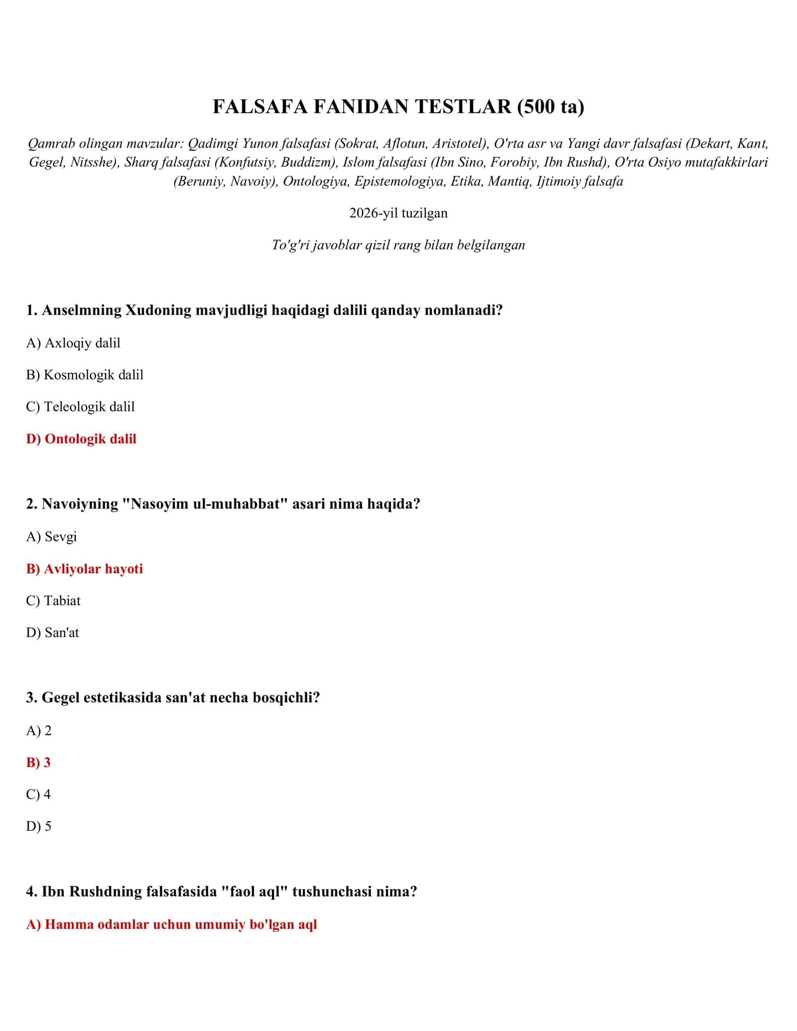 FALSAFA FANIDAN TESTLAR (500 ta)