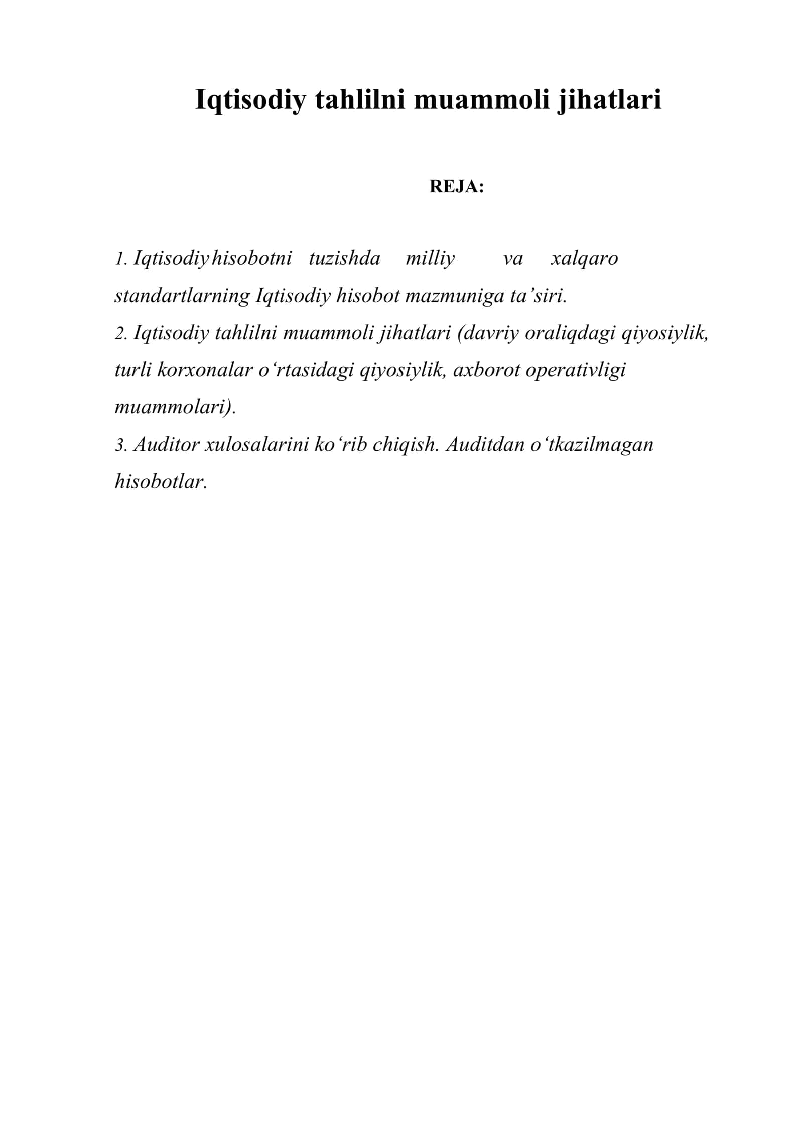 Iqtisodiy tahlilni muammoli jihatlari