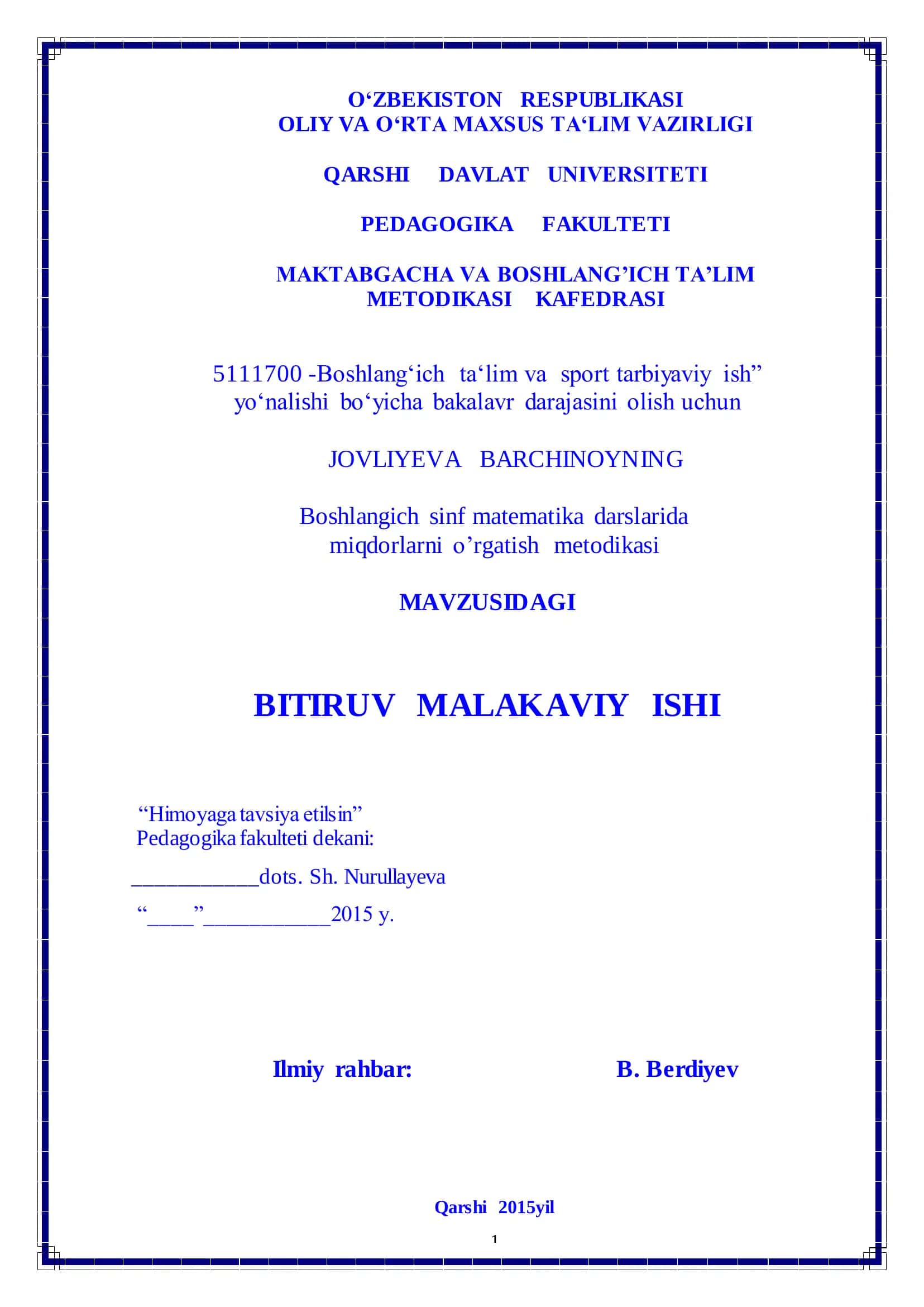 Boshlangich sinf matematika darslarida miqdorlarni o’rgatish metodikasi