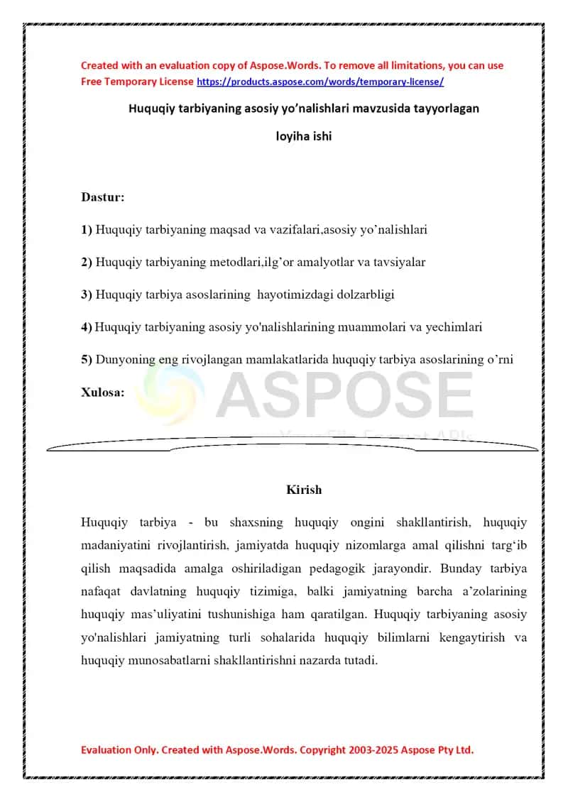 Huquqiy tarbiyaning asosiy yo’nalishlari