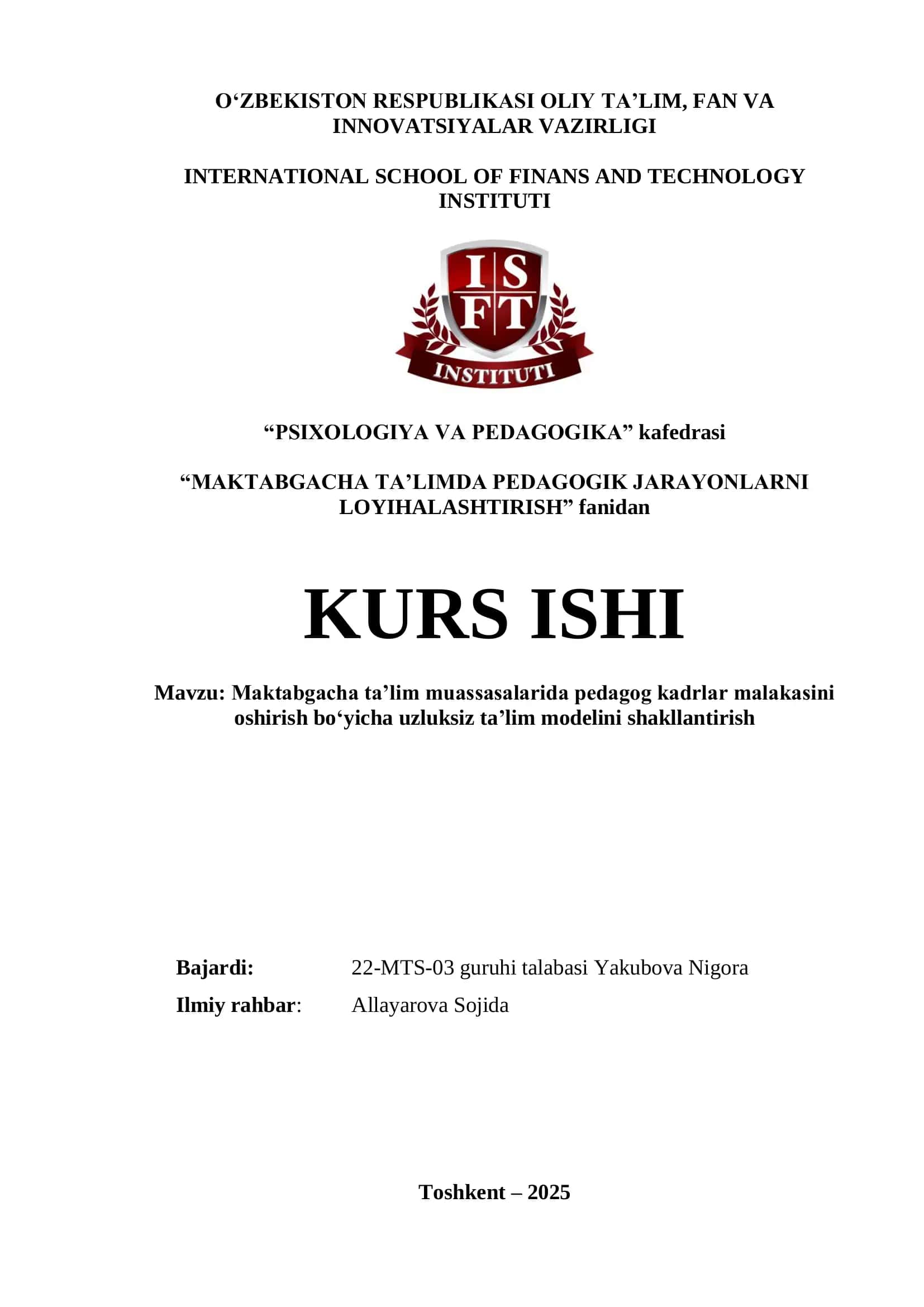 MAKTABGACHA TA’LIMDA PEDAGOGIK JARAYONLARNI LOYIHALASHTIRISH