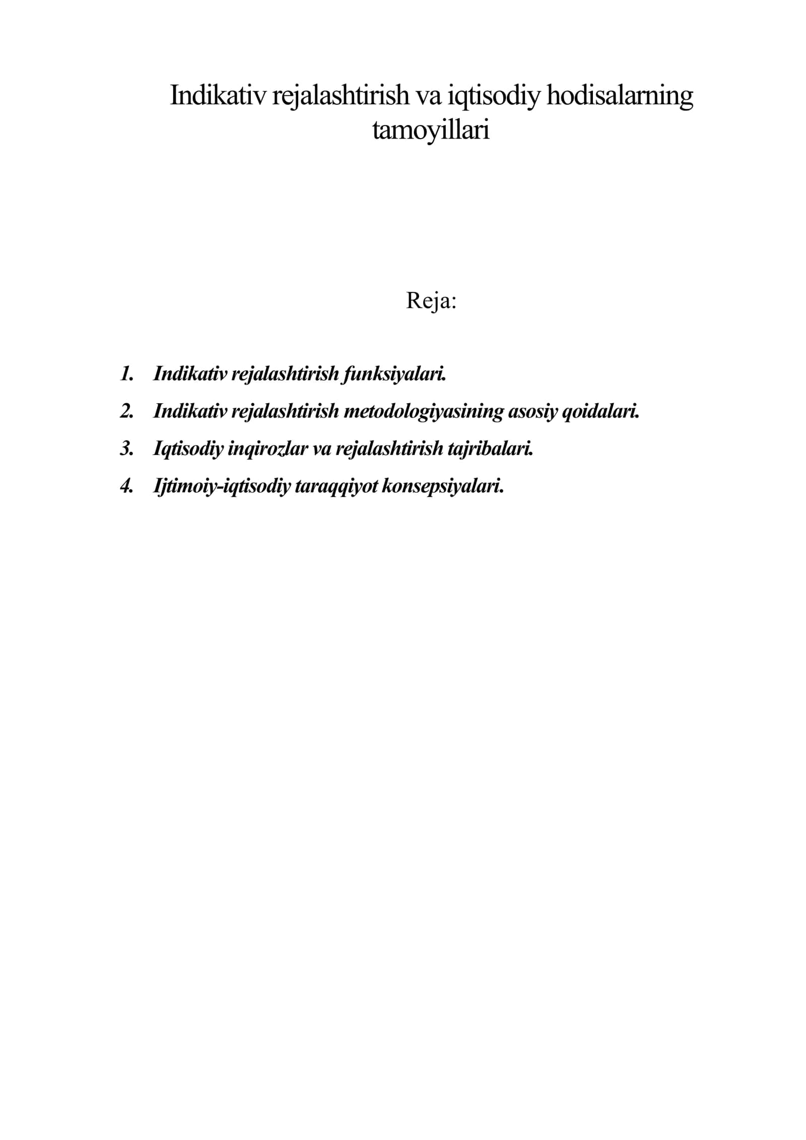 Indikativ rejalashtirish va iqtisodiy hodisalarning tamoyillari