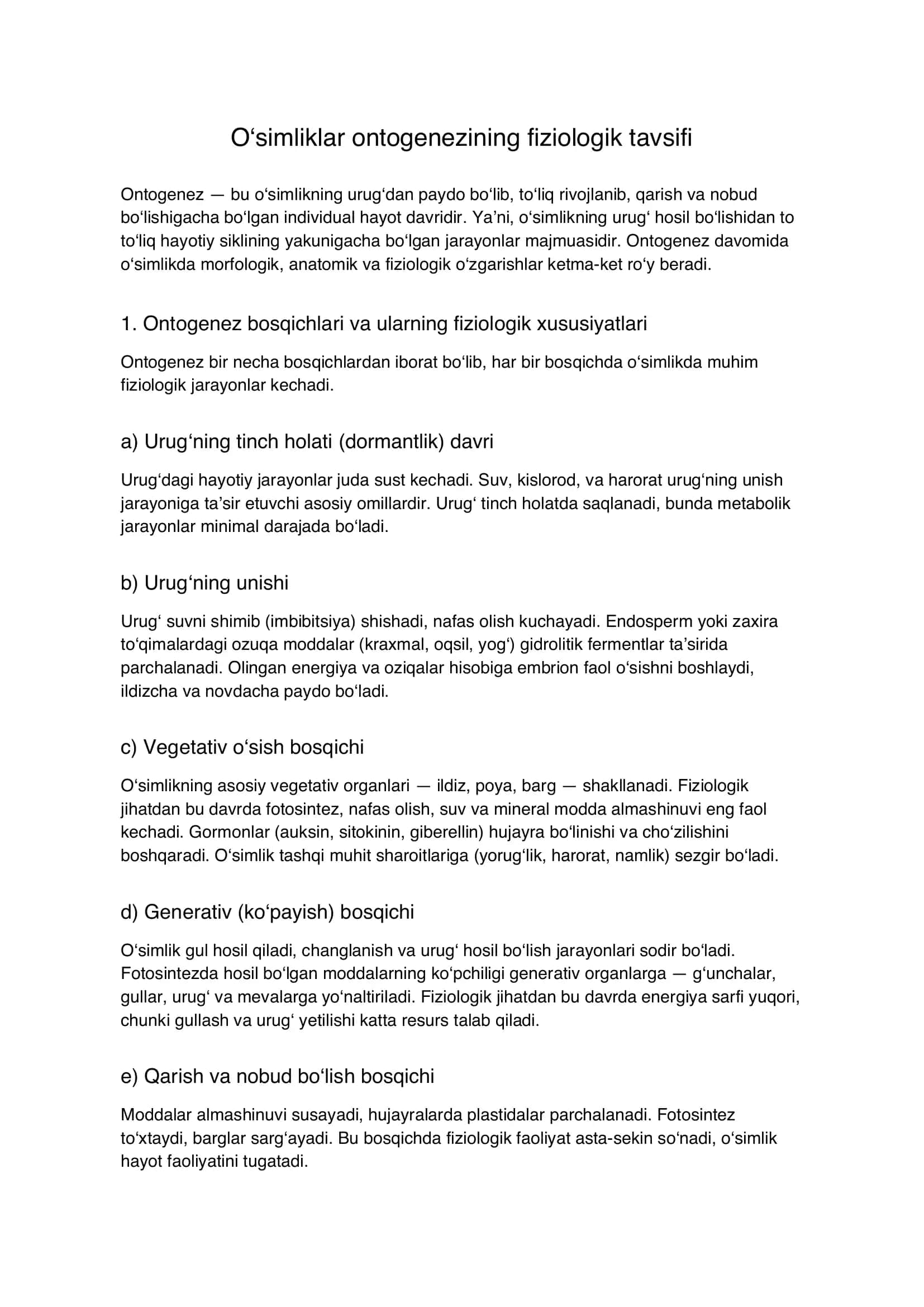 O‘simliklar ontogenezining fiziologik tavsifi