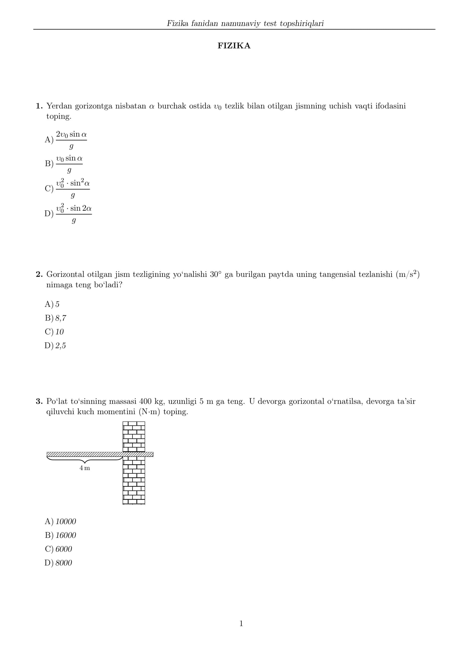 Fizika fanidan namunaviy test topshiriqlari