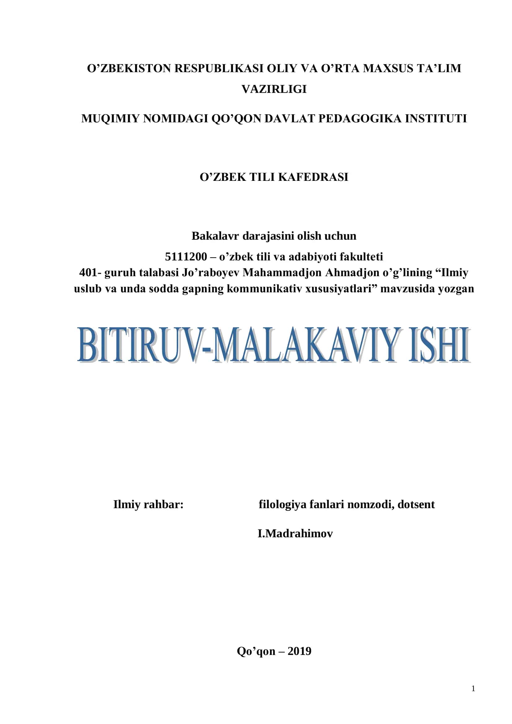 I B O B. ILMII USLUBDA SODDA GAPNING KOMMUNIKATIV HUSUSIYATLARI