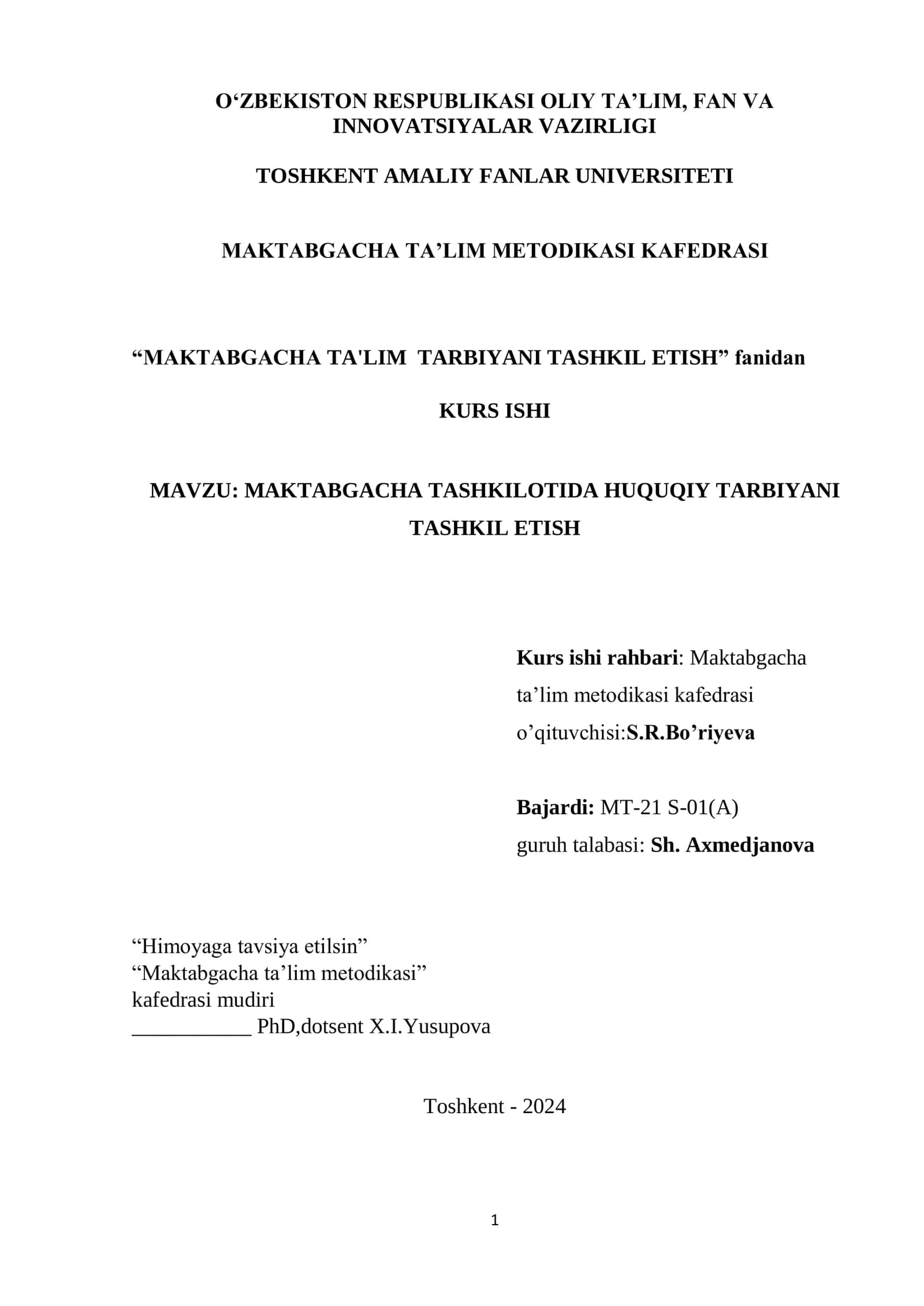 MAKTABGACHA TASHKILOTIDA HUQUQIY TARBIYANI TASHKIL ETISH