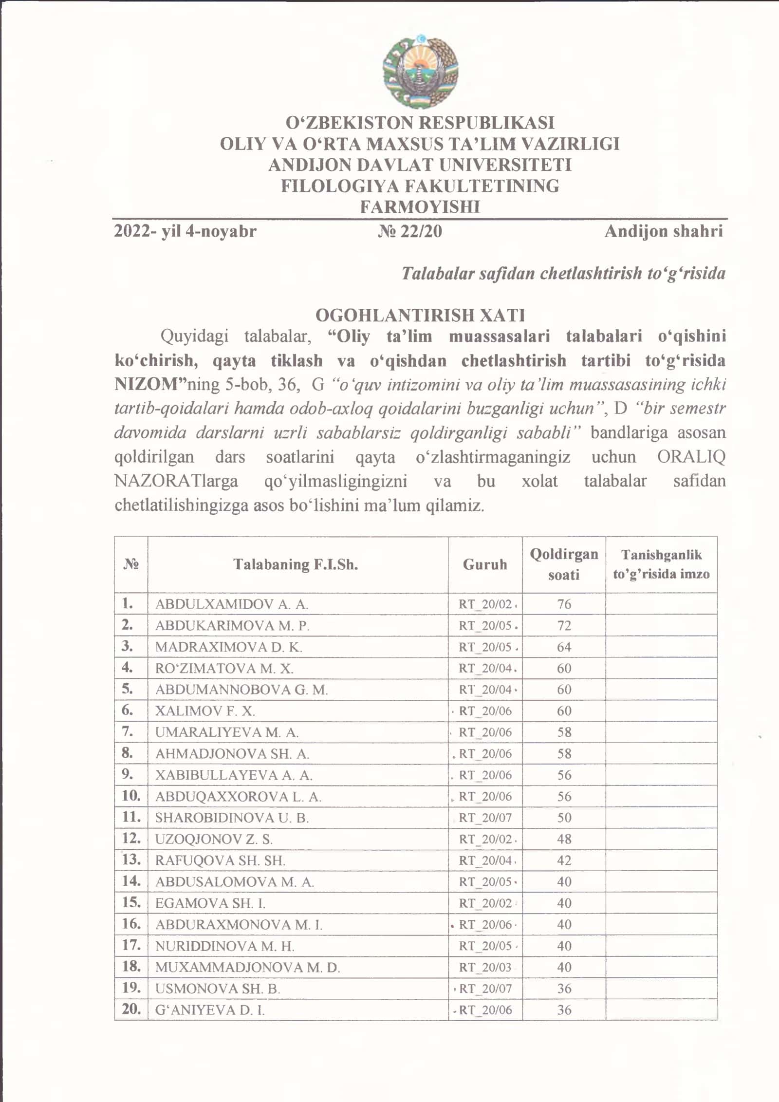 Talabalarni safidan chetlashtirish