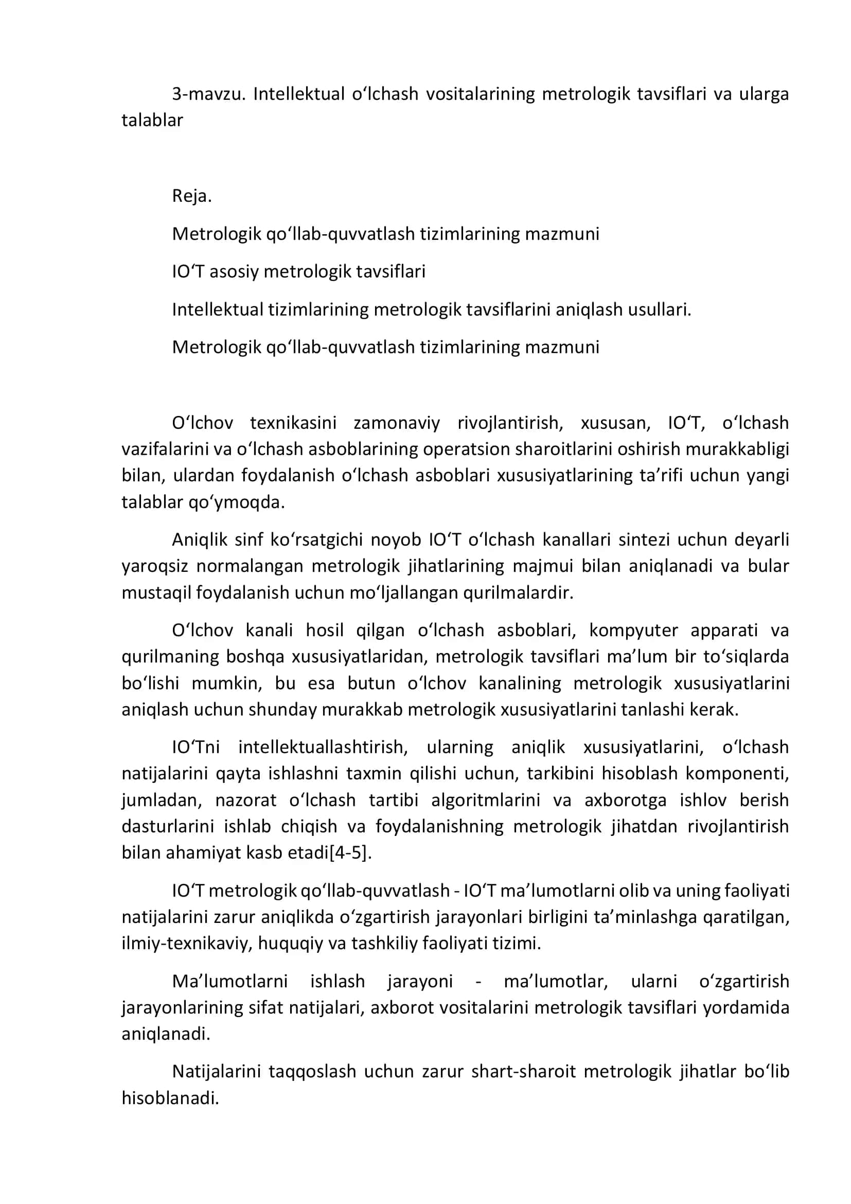 Intellektual o‘lchash vositalarining metrologik tavsiflari va ularga talablar