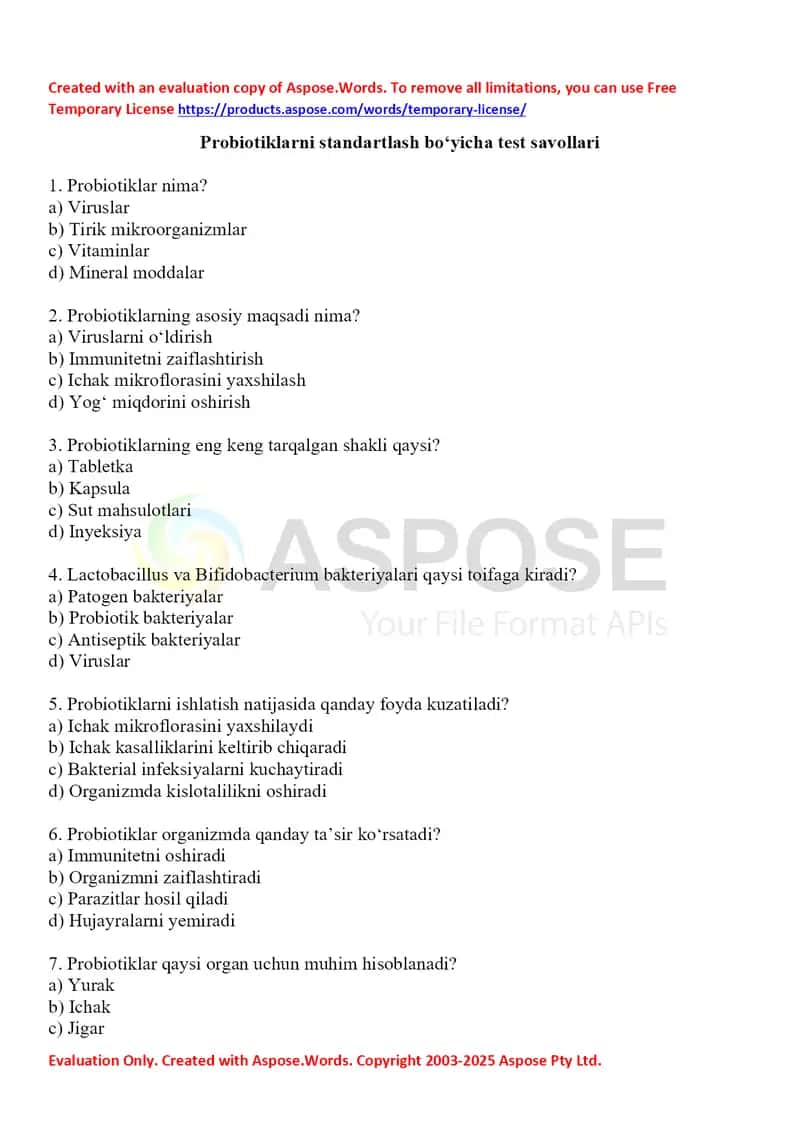 Probiotiklarni standartlash bo‘yicha test savollari 30 ta. Javobli.