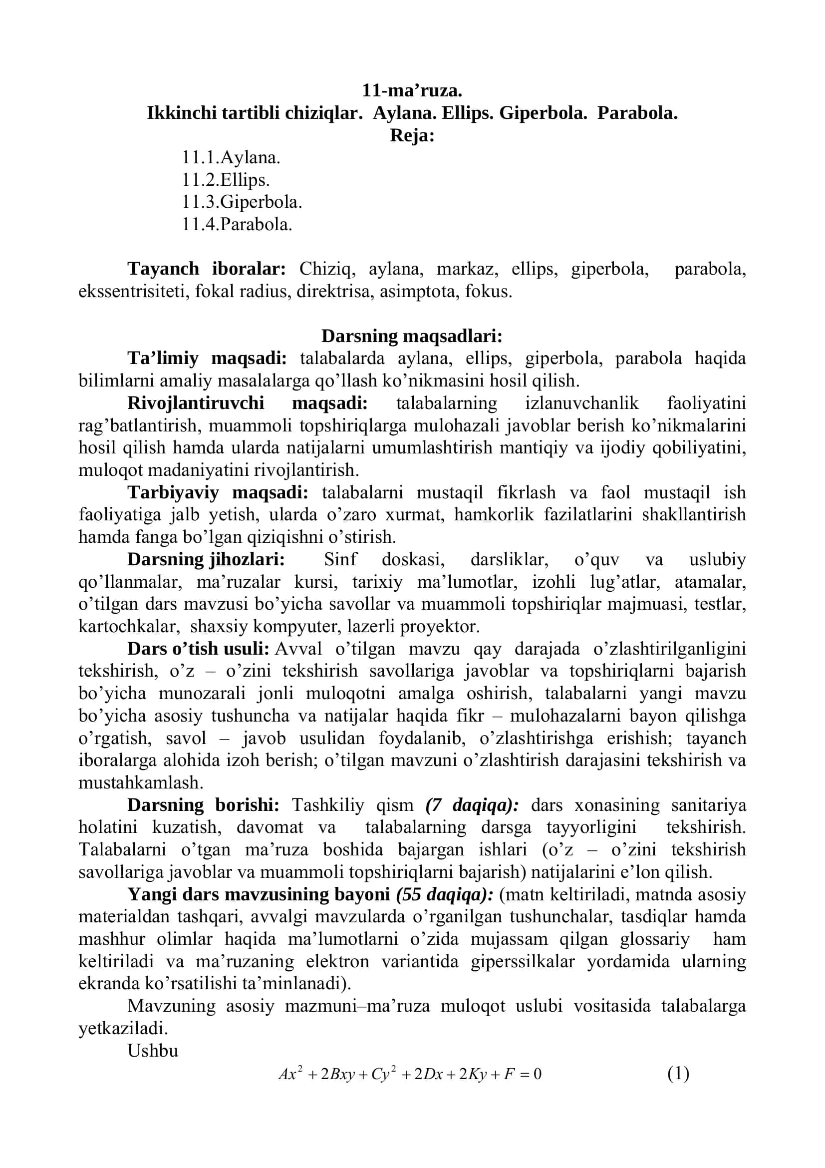 Oliy matematika: Ikkinchi tartibli chiziqlar: aylana, ellips, giperbola, parabola (PDF ma’ruza)