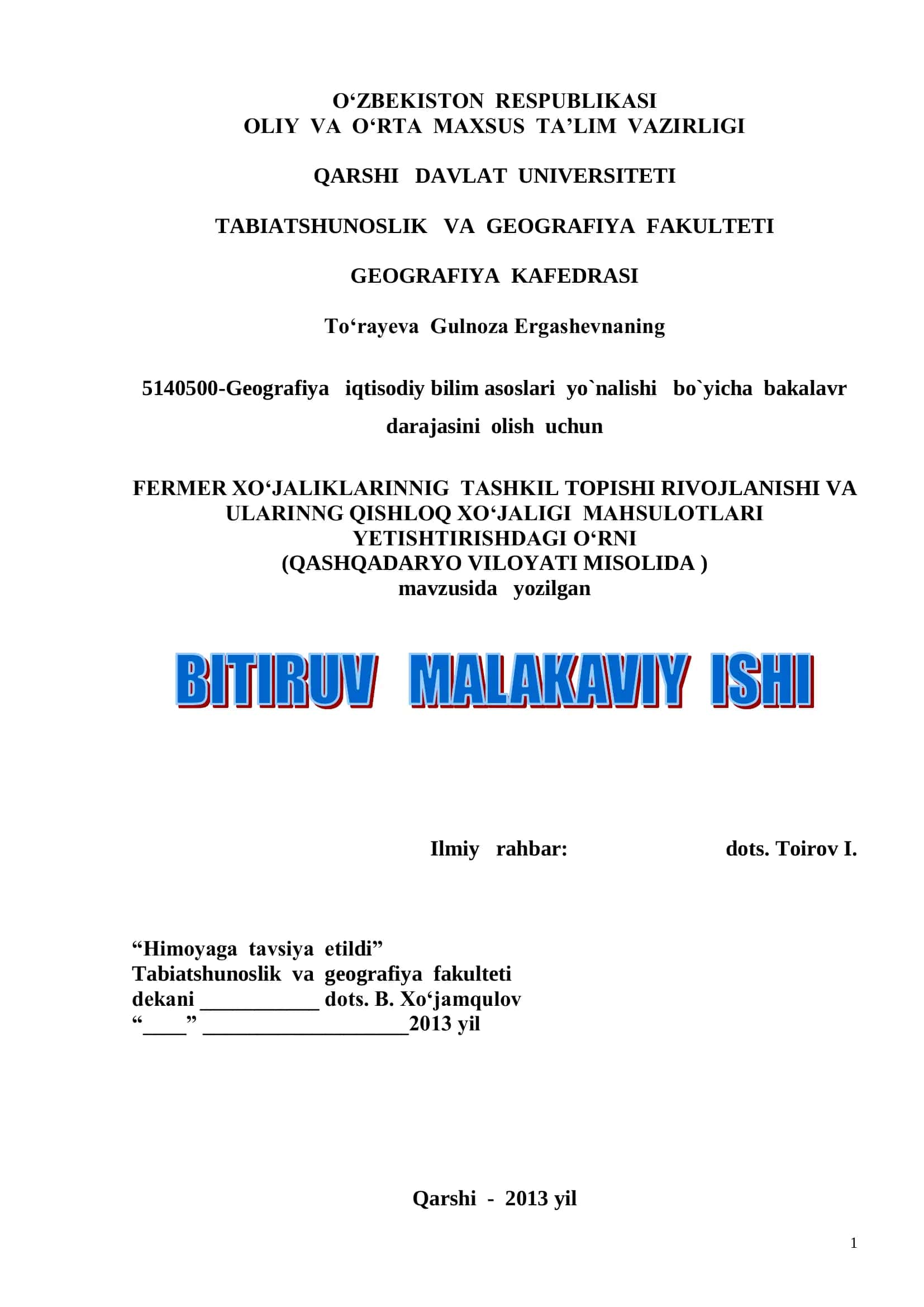 FERMER XO„JALIKLARINNIG TASHKIL TOPISHI RIVOJLANISHI VA ULARINNING QISHLOQ XO„JALIGI MAHSULOTLARI YETISHTIRISHDAGI ORNI (QASHQADARYO VILOYATI MISOLIDA)