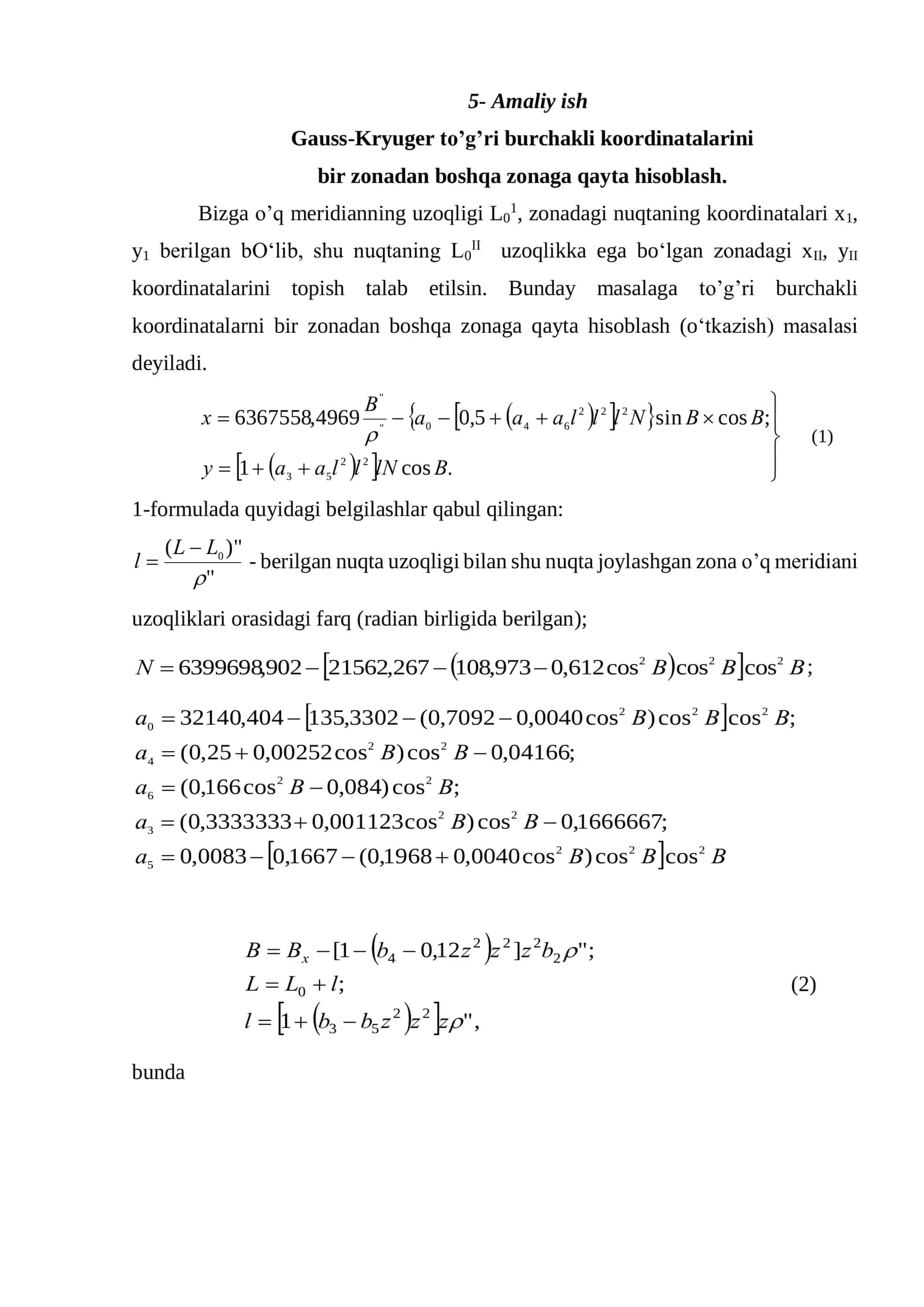 Gauss-Kryuger to’g’ri burchakli koordinatalarini bir zonadan boshqa zonaga qayta hisoblash