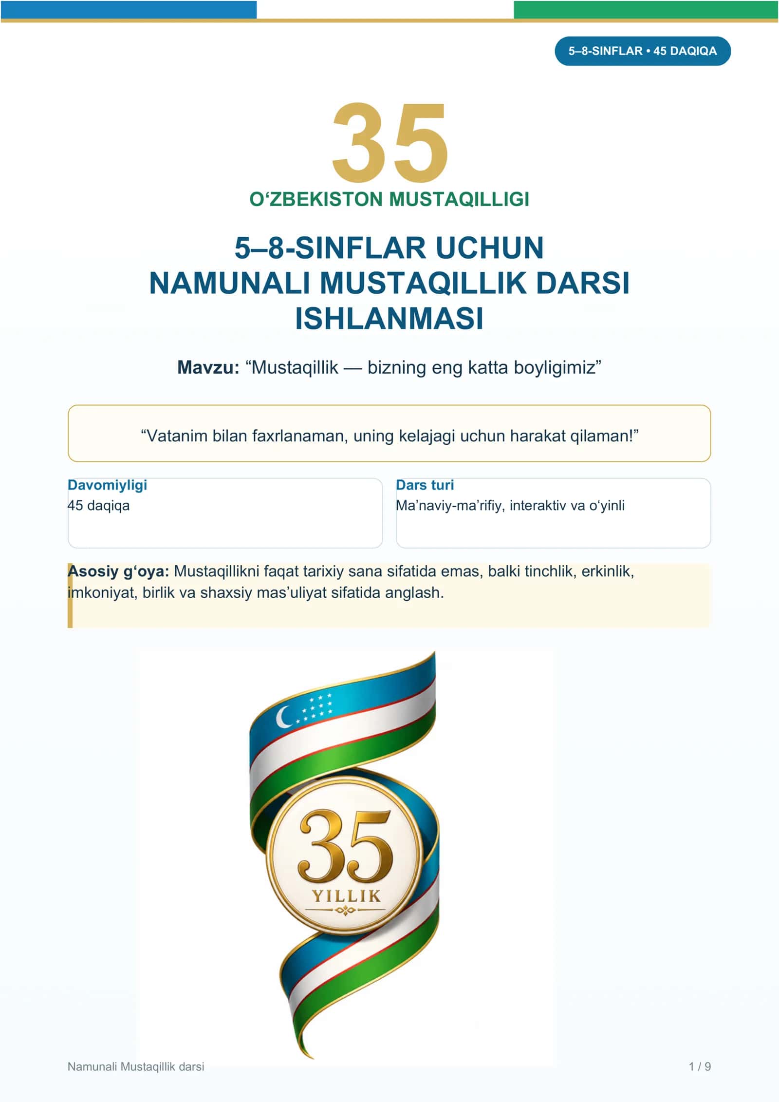 MUSTAQILLIK DARSI 5-8 SINFLAR 2026-2027 O'QUV YILI UCHUN