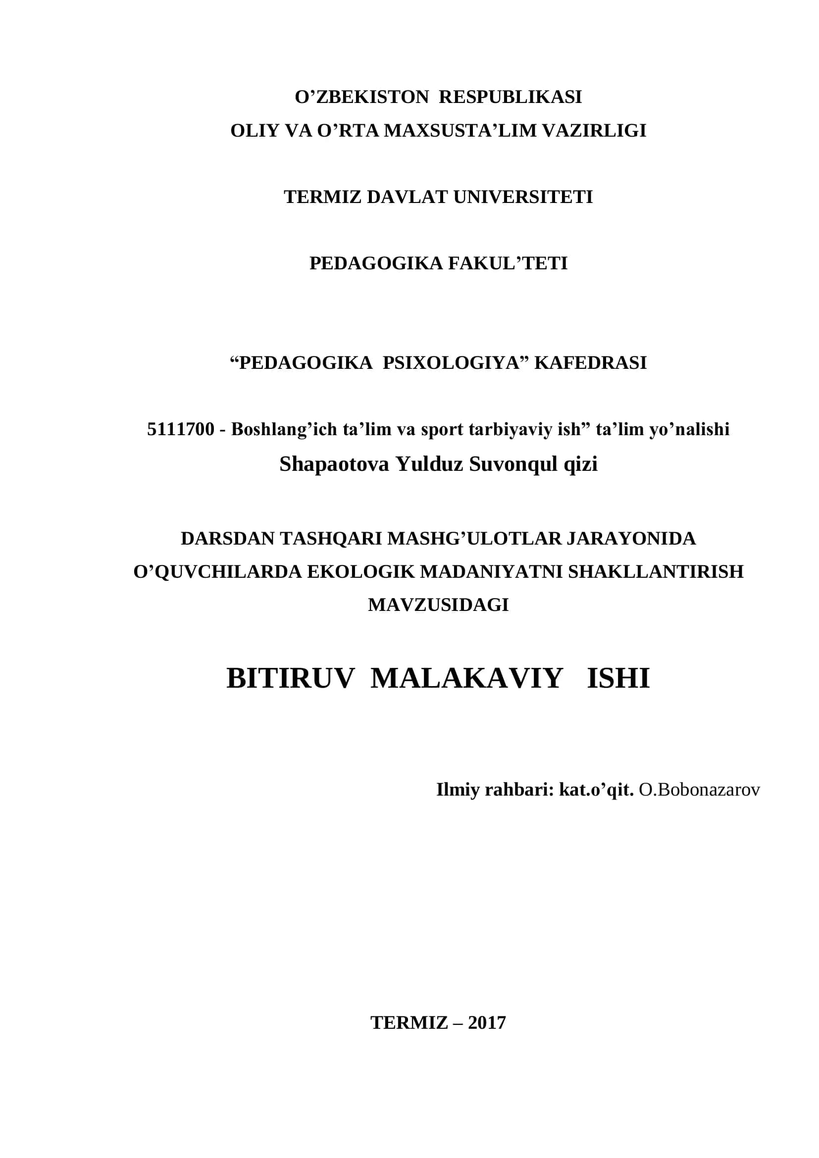 MAVZUSIDAGI BITIRUV MALAKAVIY ISHI