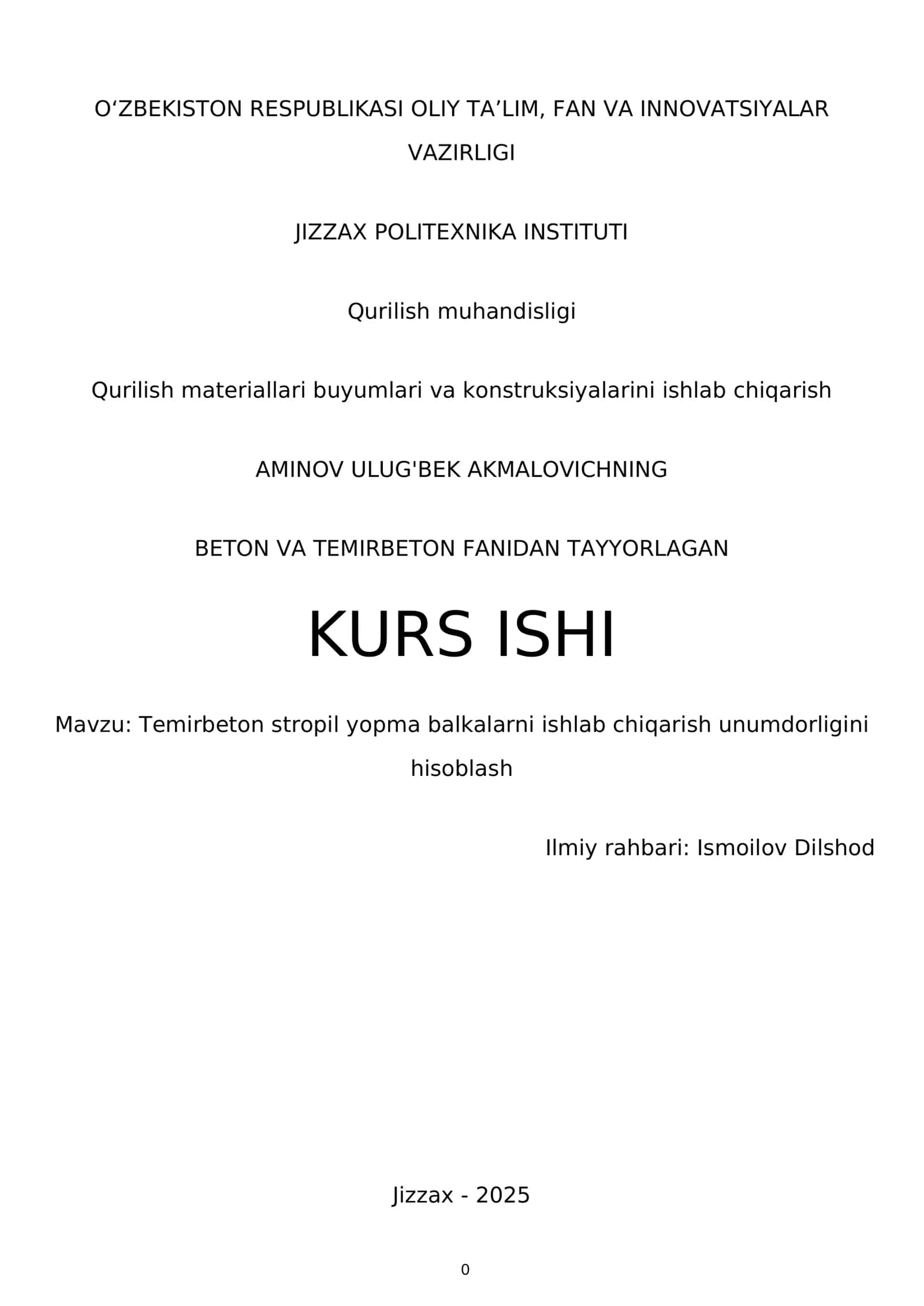 Temirbeton stropil yopma balkalarni ishlab chiqarish unumdorligini hisoblash