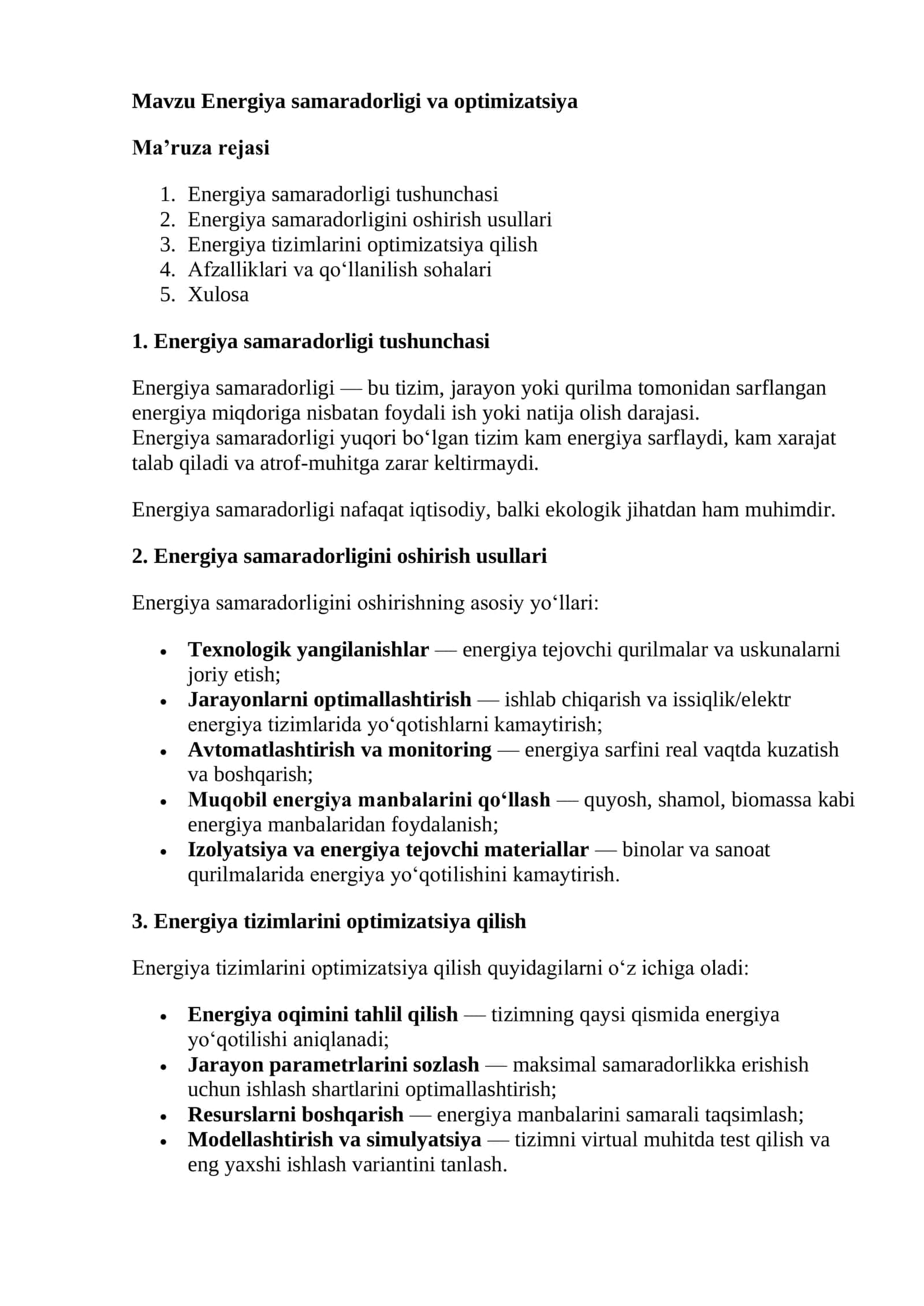Energiya samaradorligi va optimizatsiya
