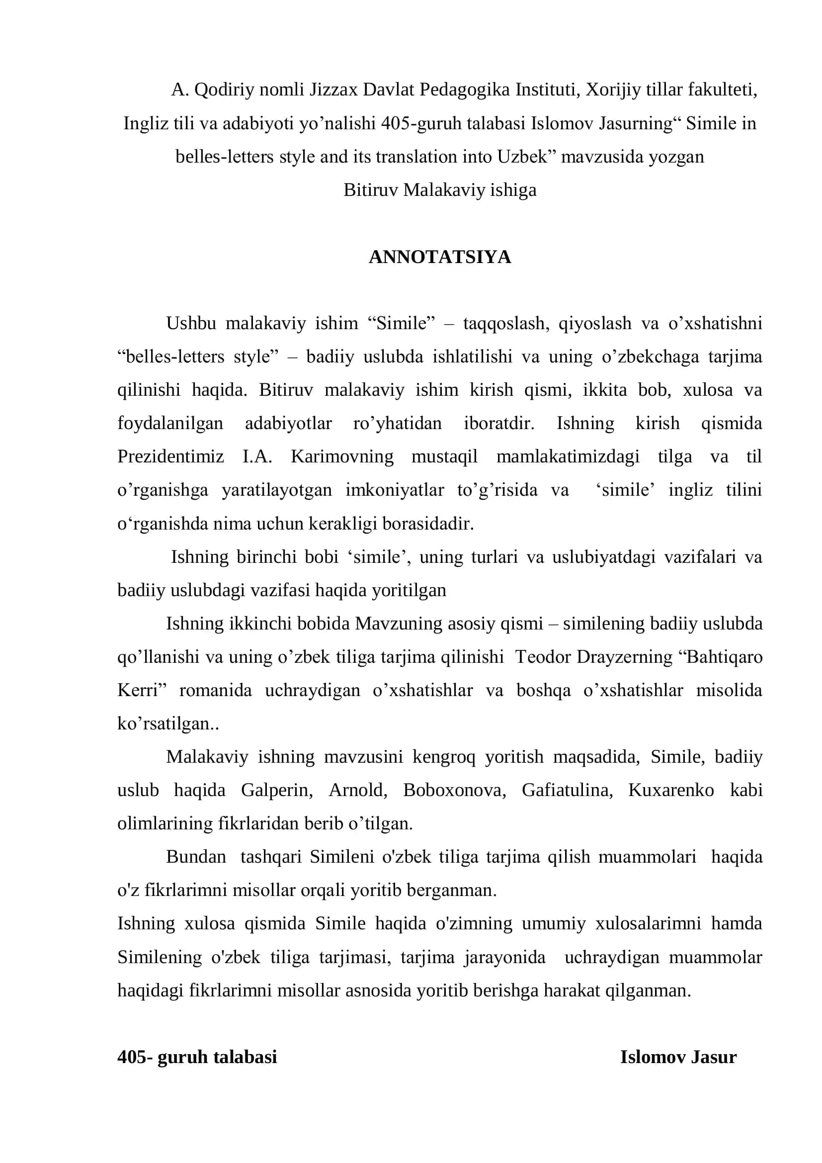 Bitiruv Malakaviy ishi: "Simile in belles-letters style and its translation into Uzbek"