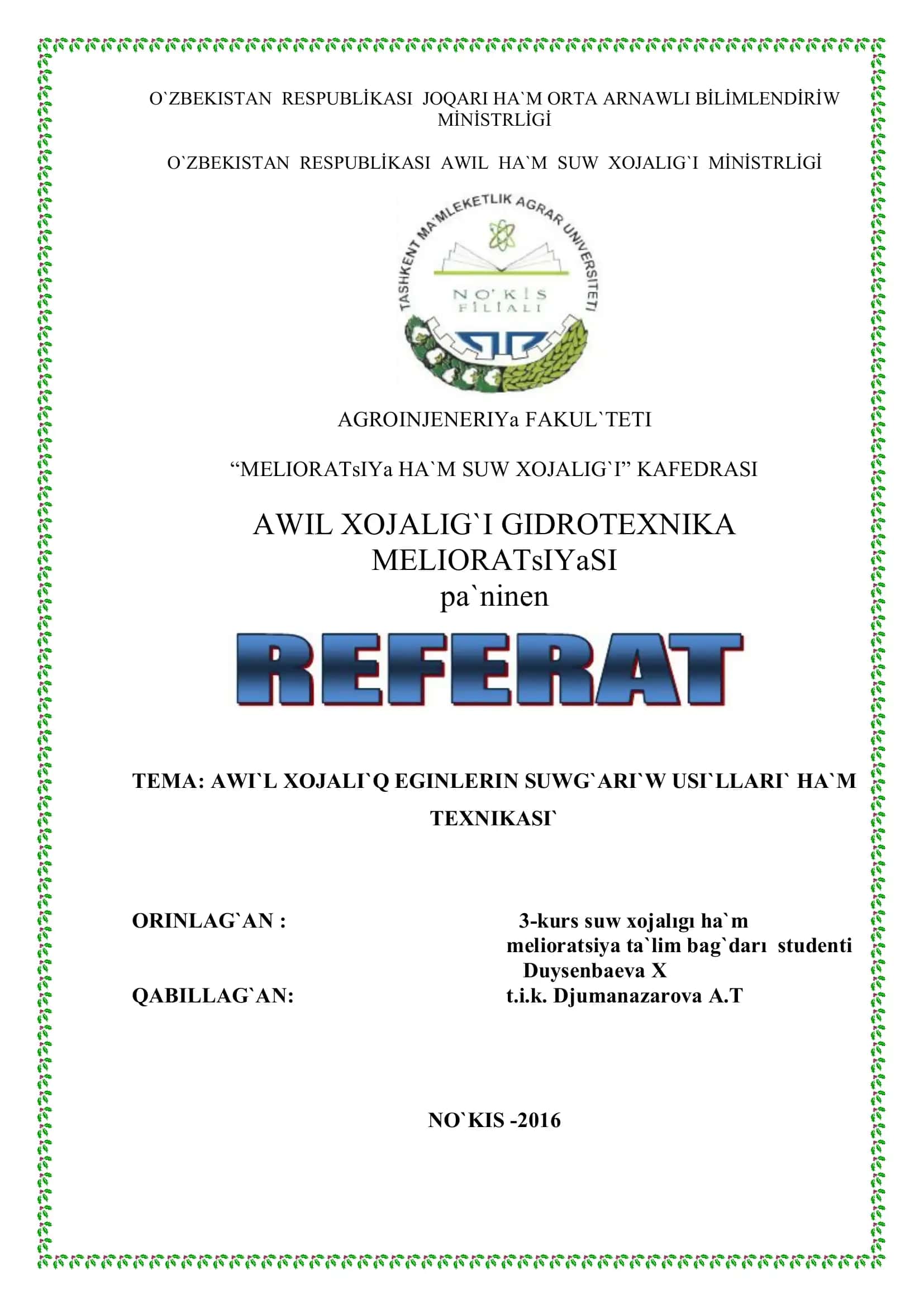 AWIL XOJALIGI GIDROTEXNIKA MELIORATsIYaSI