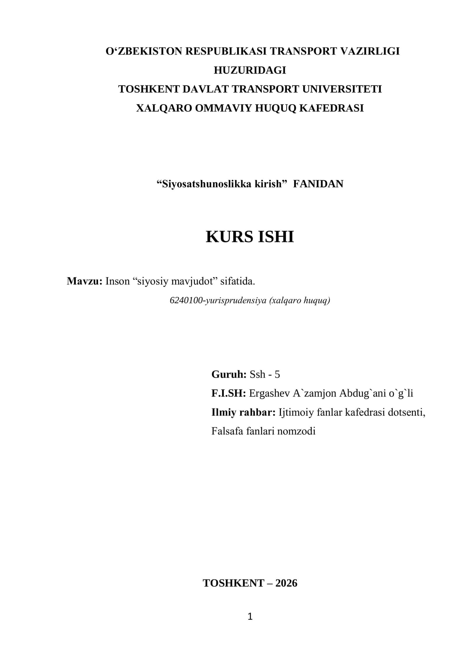 Siyosаtshunoslikkа kirish KURS ISHI