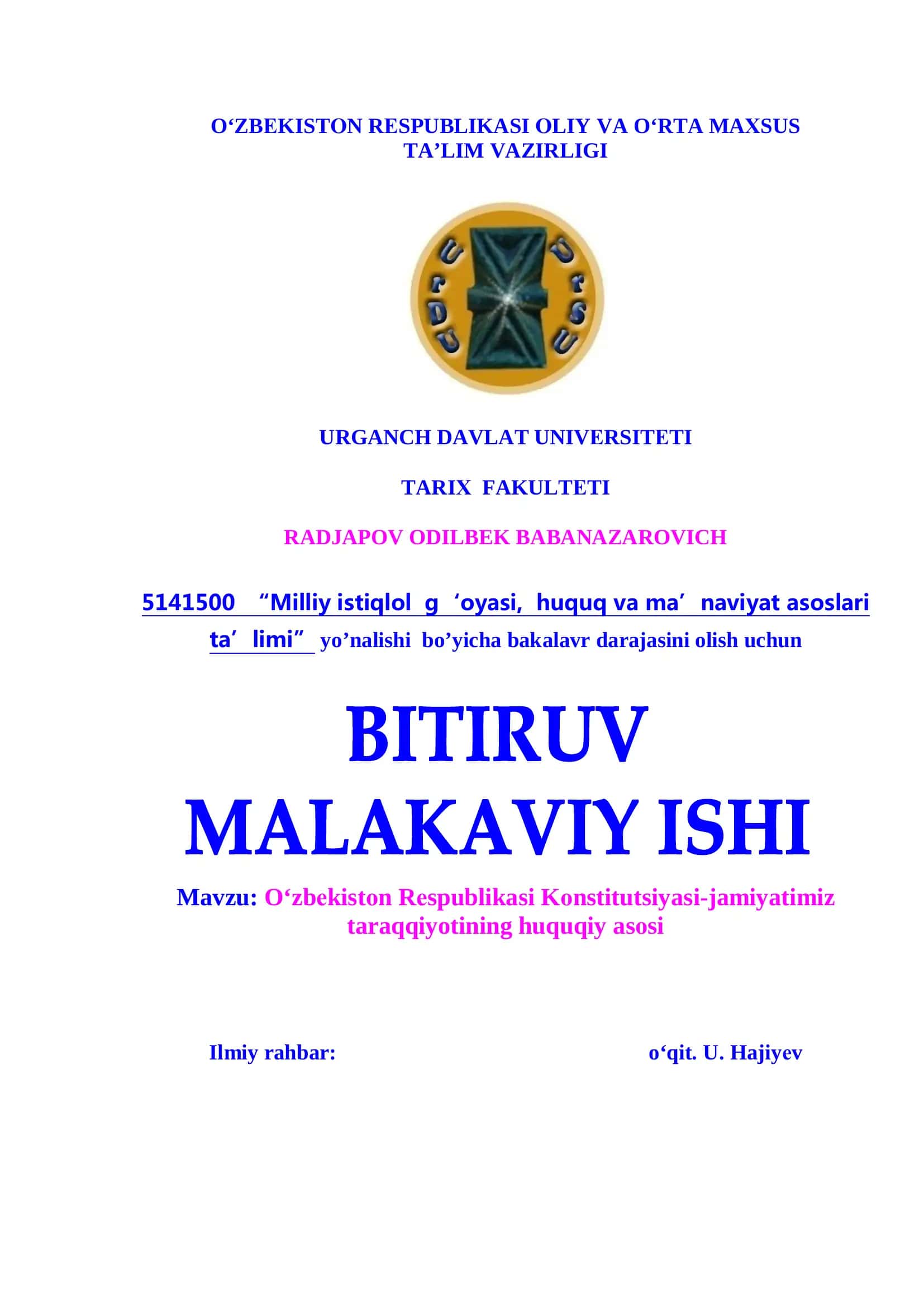 O‘zbеkistоn Rеspublikasi Kоnstitutsiyasi-jamiyatimiz taraqqiyotining huquqiy asоsi