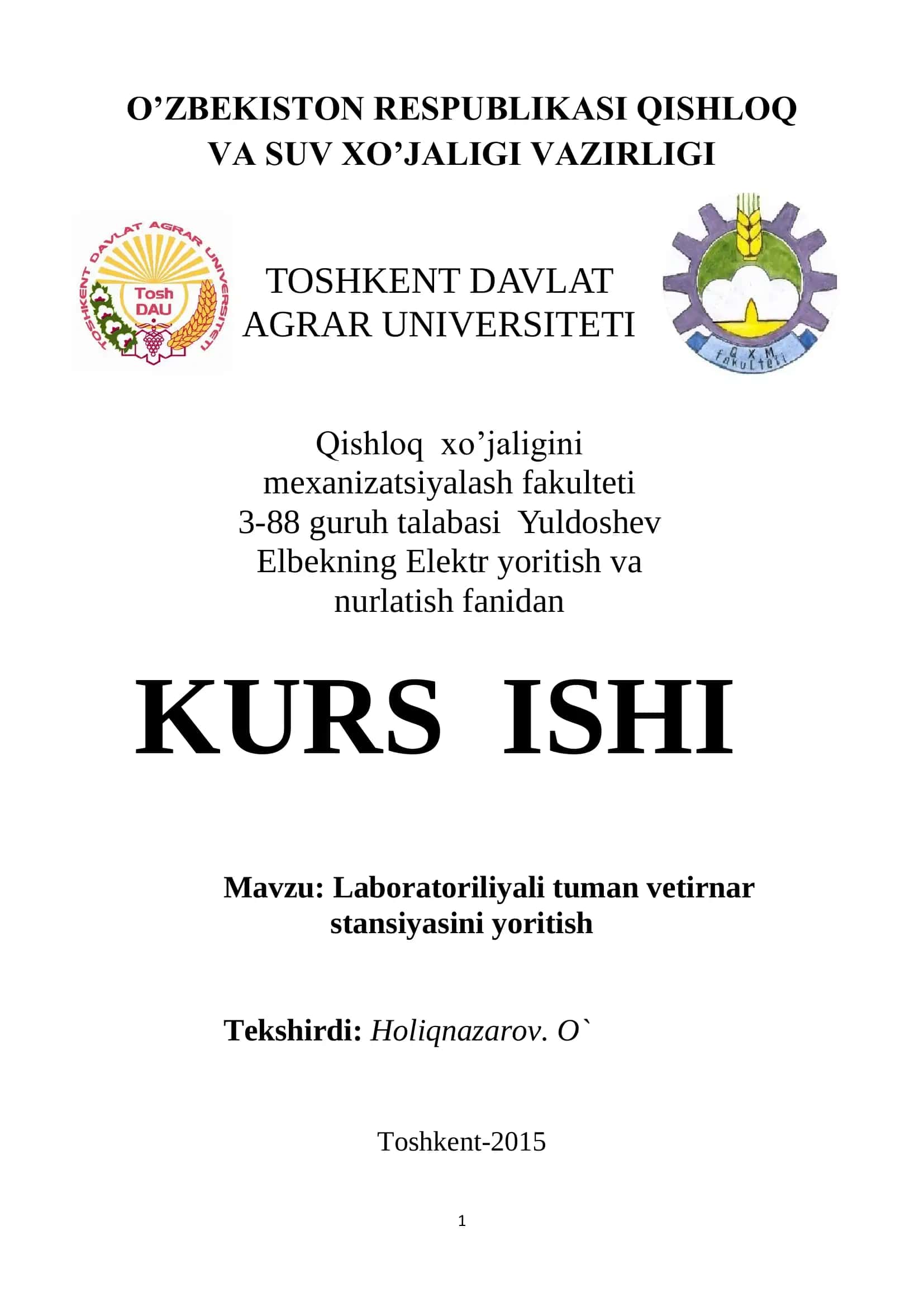 Laboratoriliyali tuman vetirnar stansiyasini yoritish