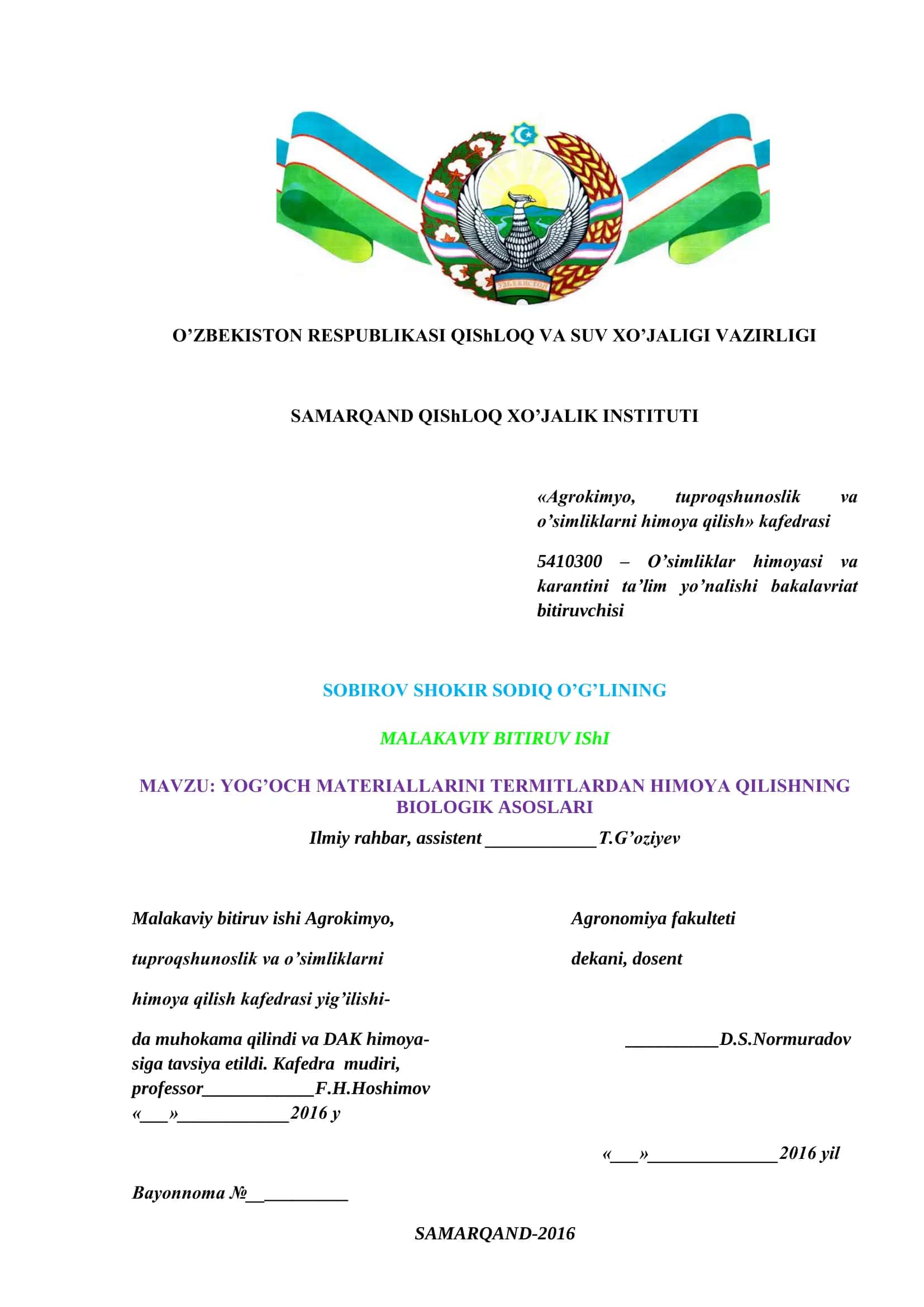 YOG’OCH MATERIALLARINI TERMITLARDAN HIMOYA QILISHNING BIOLOGIK ASOSLARI