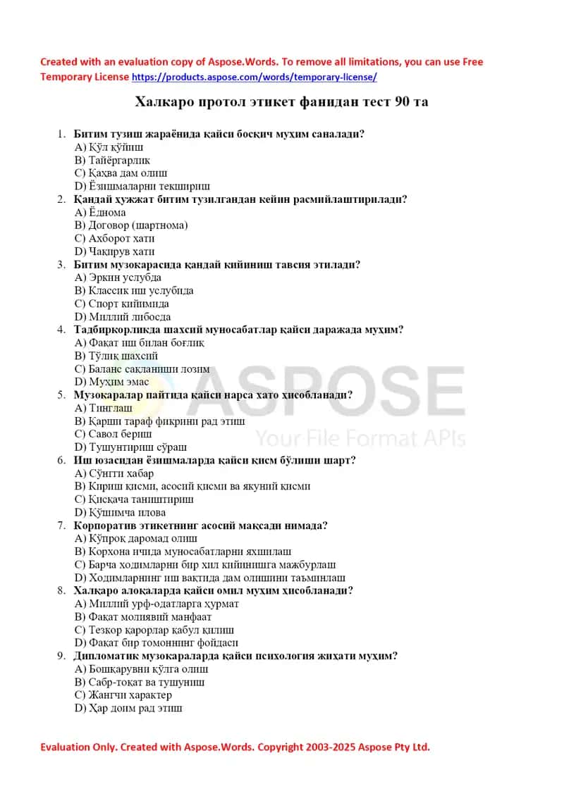 Test Protokol va etiket