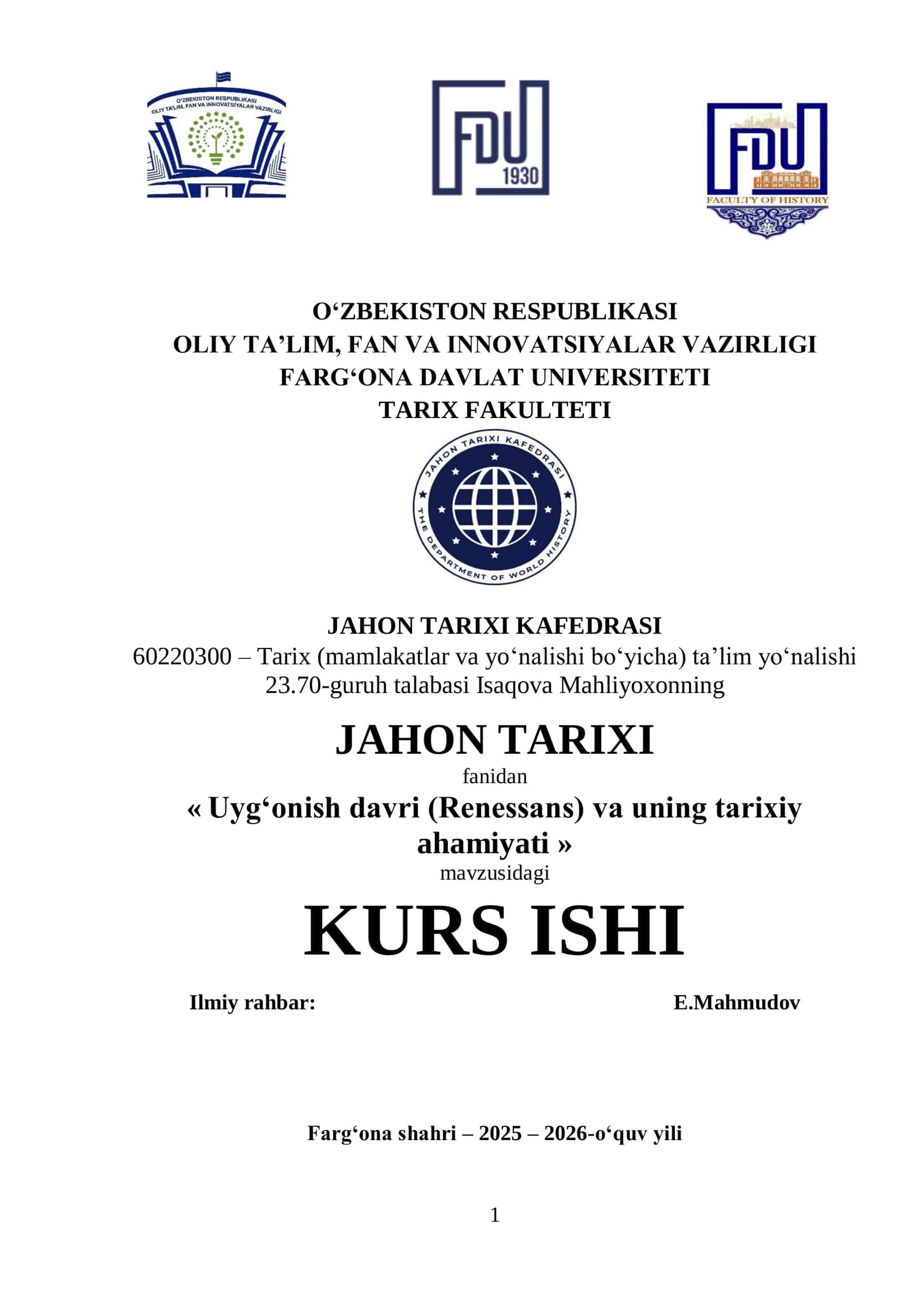 Uyg‘onish davri (Renessans) va uning tarixiy ahamiyati