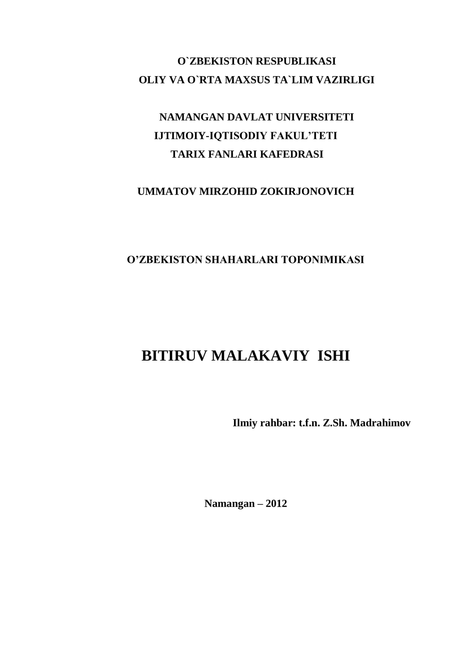 O`ZBEKISTON SHAHARLARI TOPONIMIKASI BITIRUV MALAKAVIY ISHI