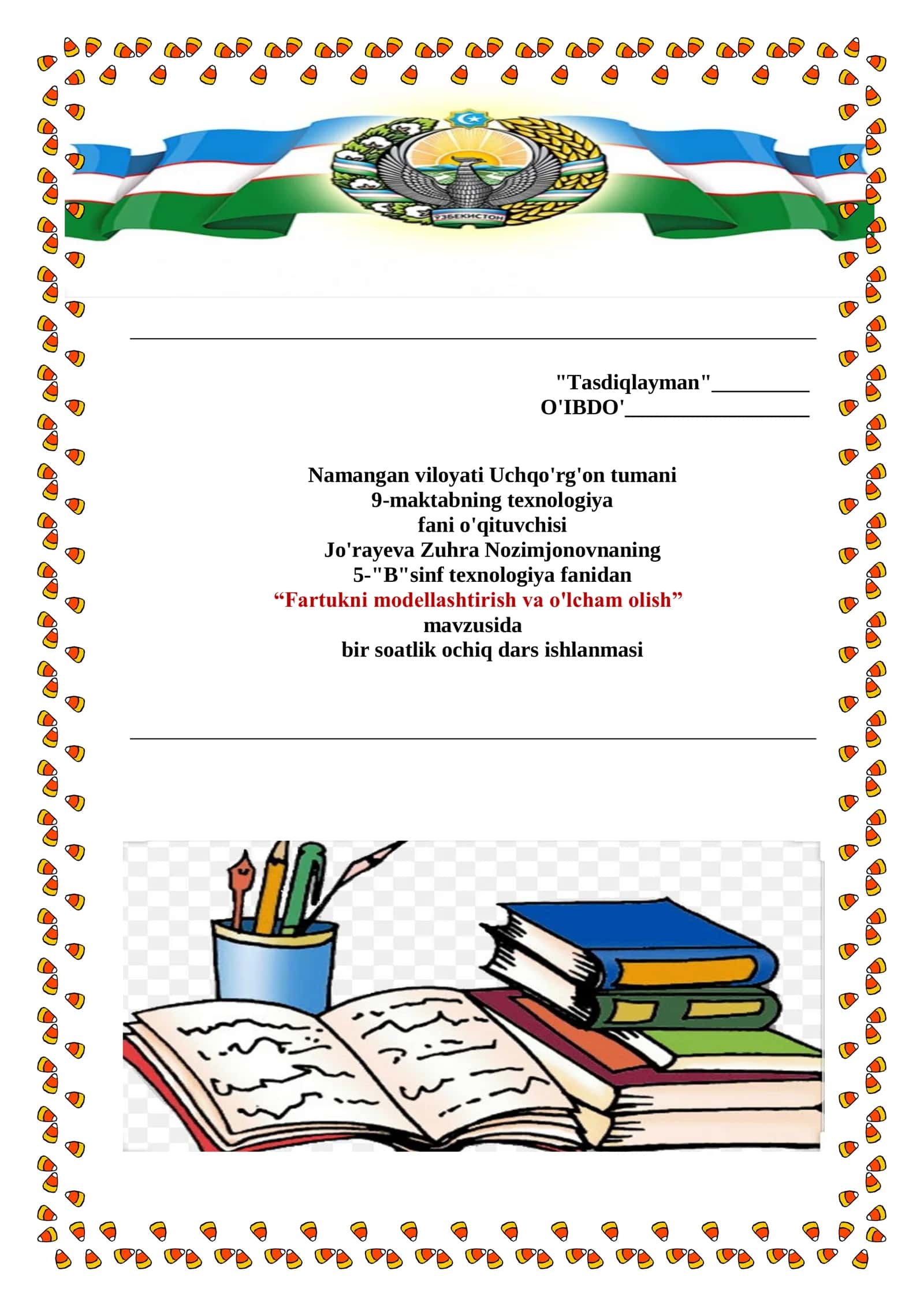 5-sinf Texnologiya fanidan Fartukni modellashtirish va o'lcham olish mavzusida dars ishlanma
