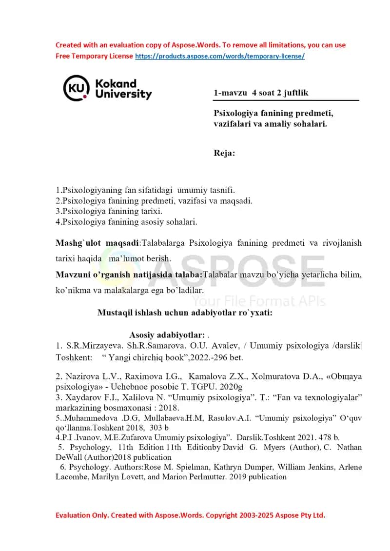 Psixologiyaning fan sifatidagi umumiy tasnifi, predmeti, tarixi va asosiy sohalari