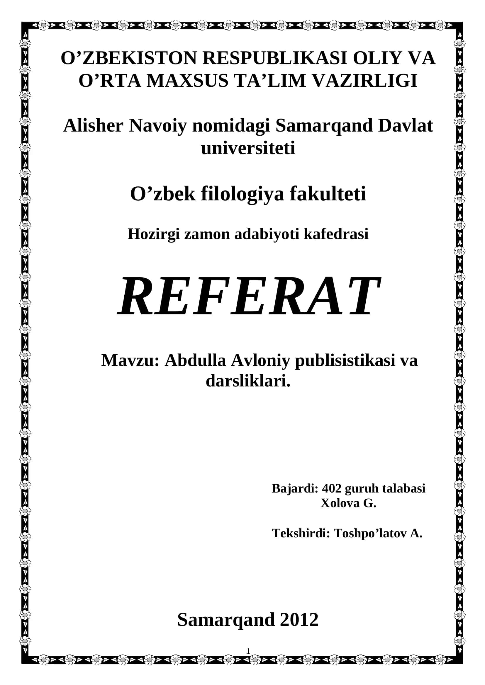 Abdulla Avloniy publisistikasi va darsliklari