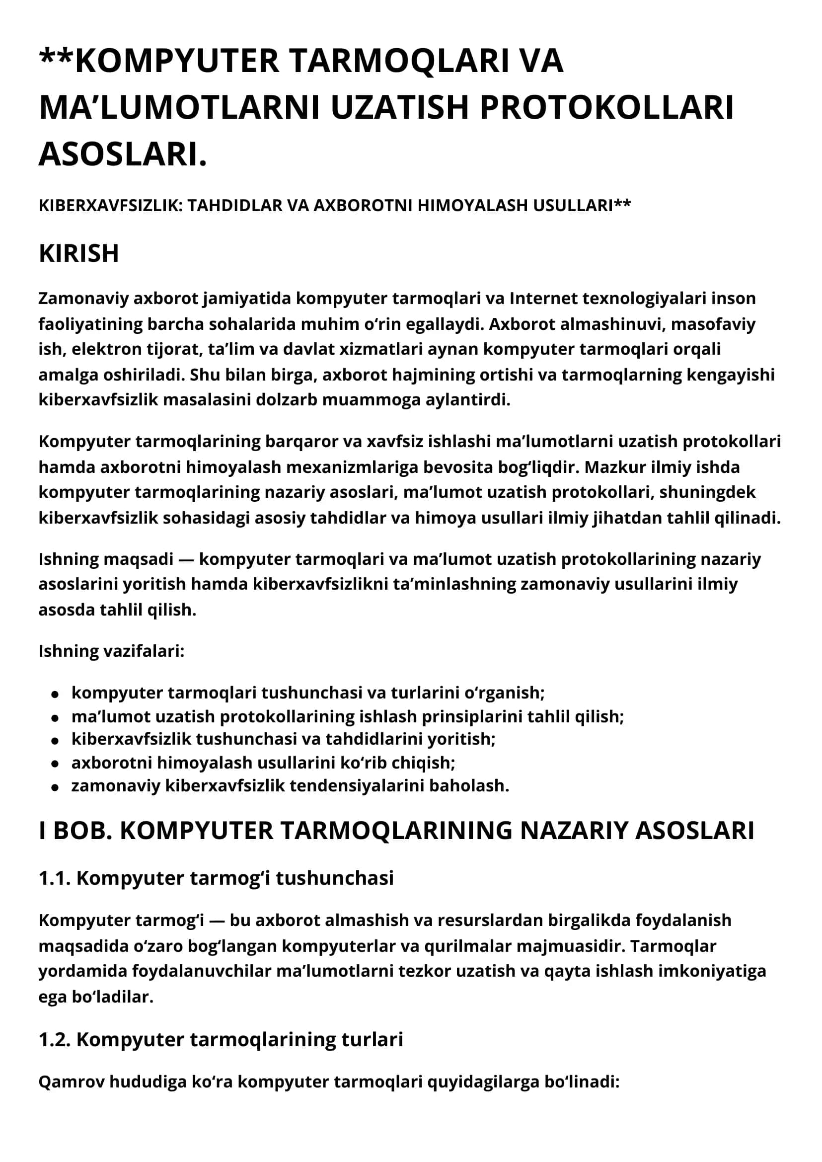 KOMPYUTER TARMOQLARI VA MA’LUMOTLARNI UZATISH PROTOKOLLARI ASOSLARI