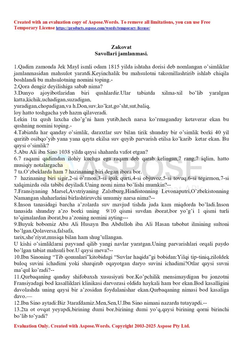 Zakovat Savollari jamlanmasi tadbirlar uchun
