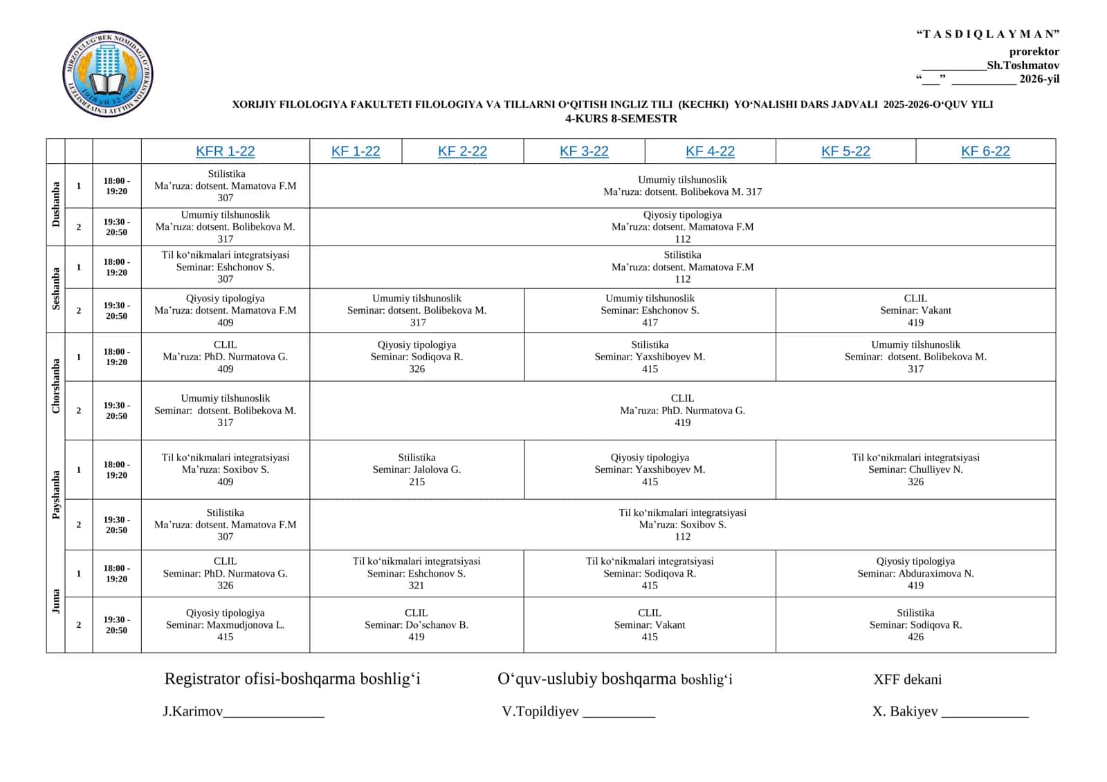 FILOLOGIYA VA TILLARNI O‘QITISH INGLIZ TILI (KECHKI) YO‘NALISHI DARS JADVALI 2025-2026-O‘QUV YILI