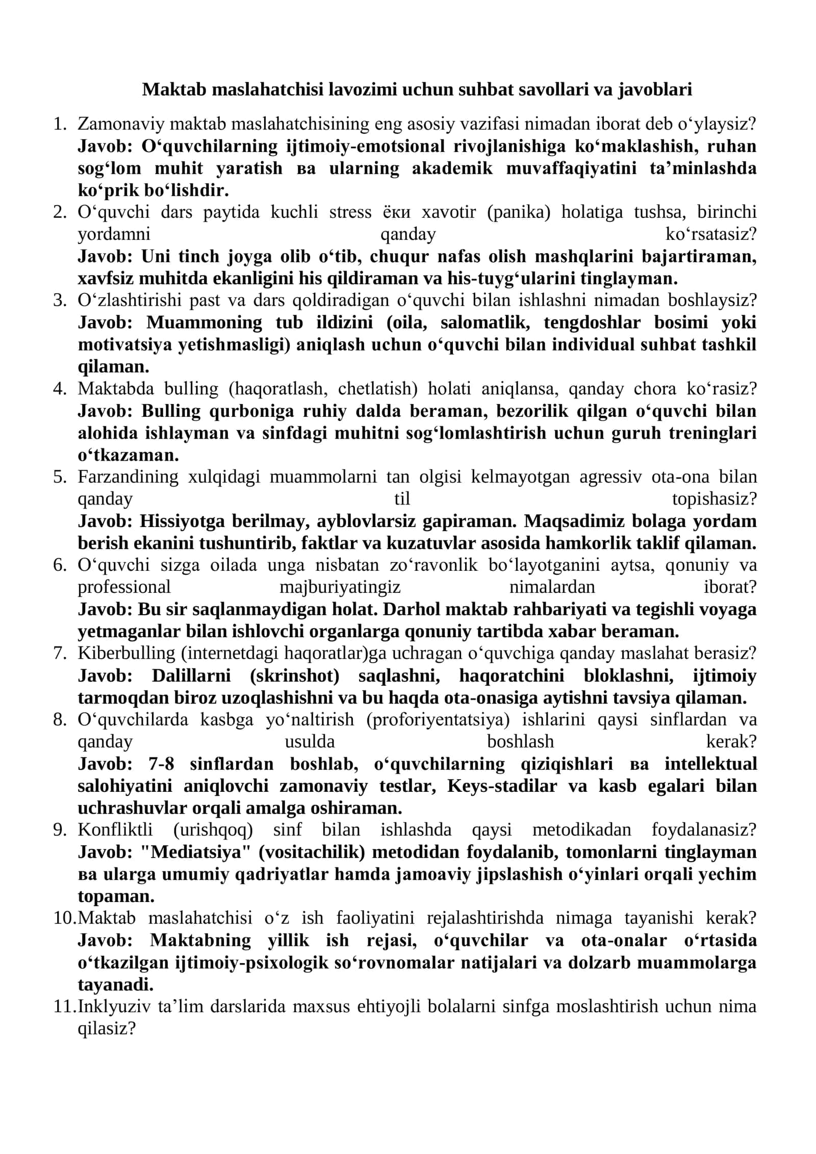 Maktab maslahatchisi lavozimi uchun suhbat savollari va javoblari 1-variant