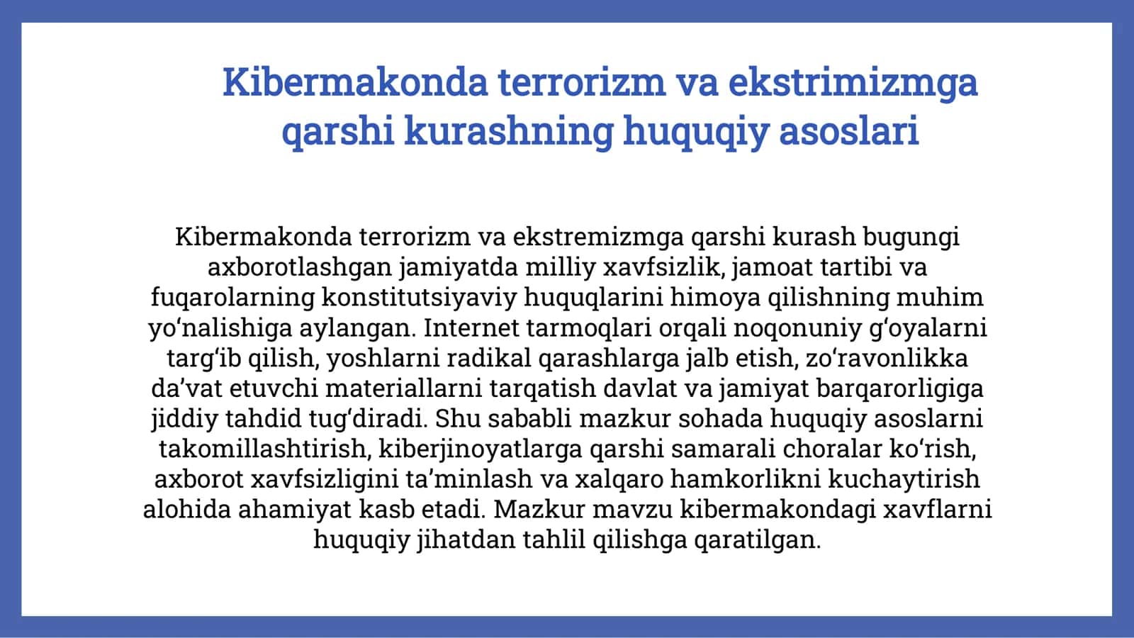 Kibermakonda terrorizm va ekstrimizmga qarshi kurashning huquqiy asoslari