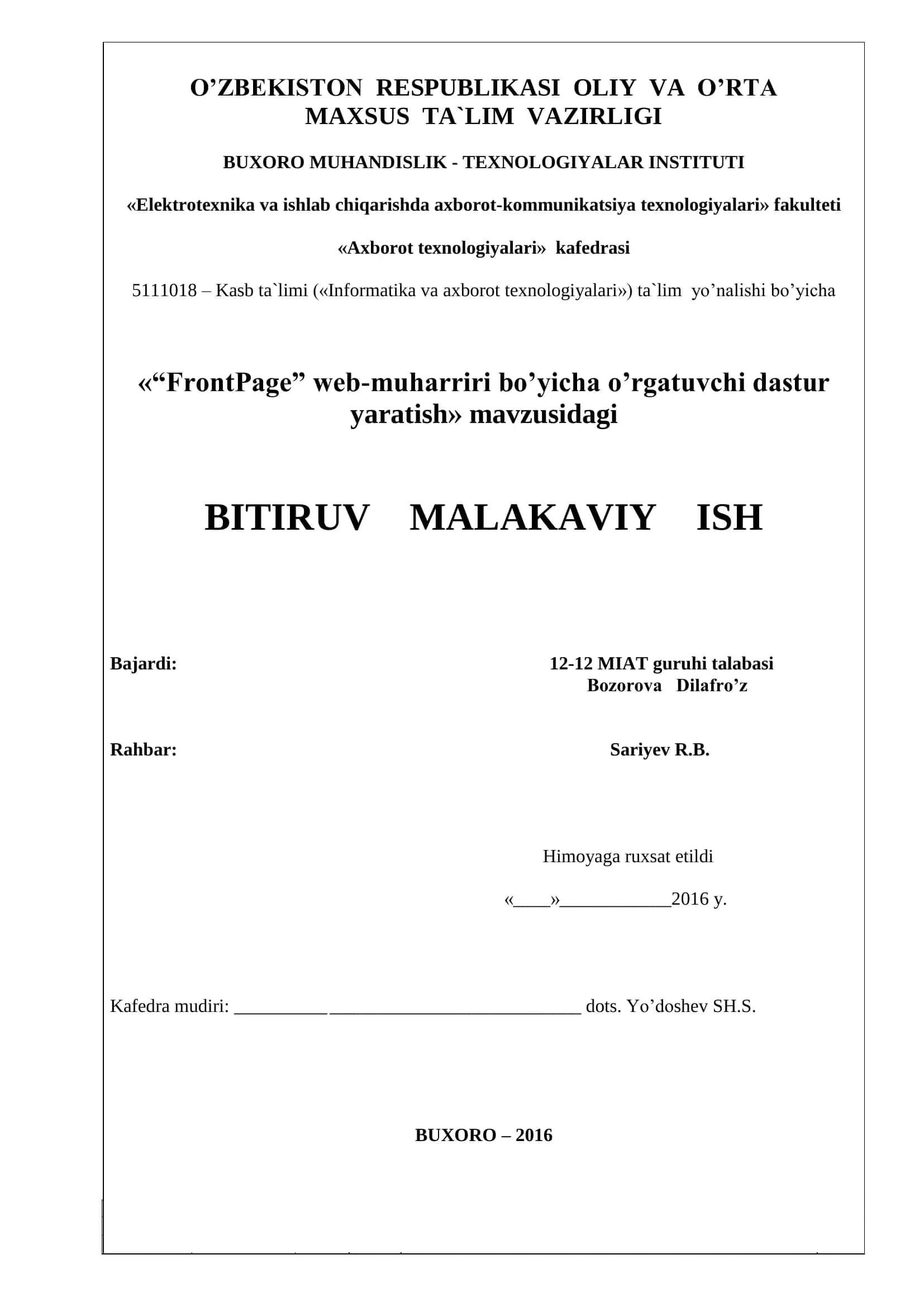FrontPage web-muharriri bo’yicha o’rgatuvchi dastur yaratish